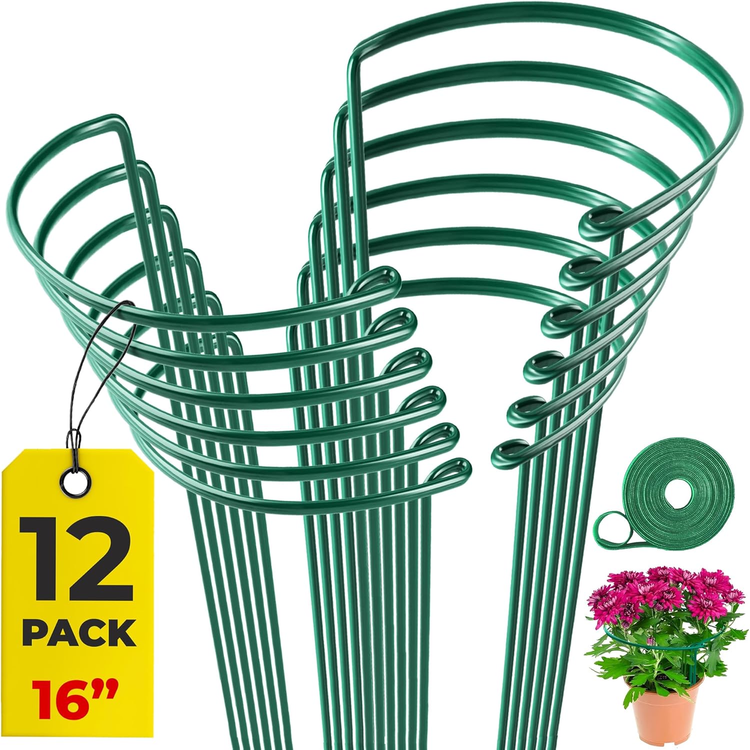 Paquete de 12 estacas de soporte para plantas, anillo de soporte de peonía medio redondo resistente y jaula para plantas de interior y exterior,