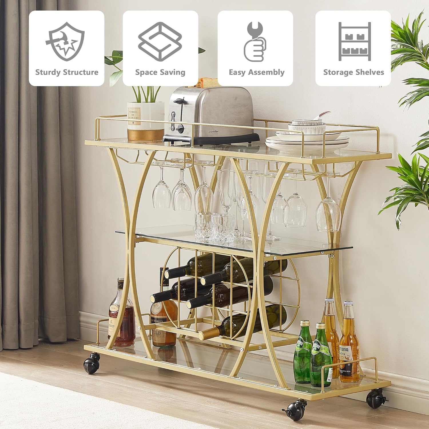 mikibama Carrito de bar industrial de metal móvil de madera para el hogar, pequeño carrito de bar rústico con estante para vino y estantes de