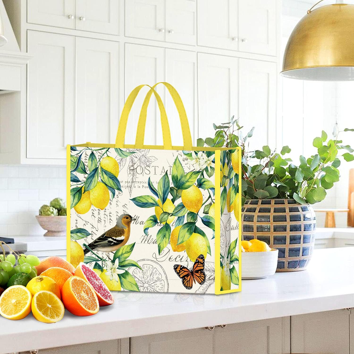 NymphFable Paquete de 5 bolsas de compras reutilizables con limones, pájaros, mariposas, lavables, bolsas de tela