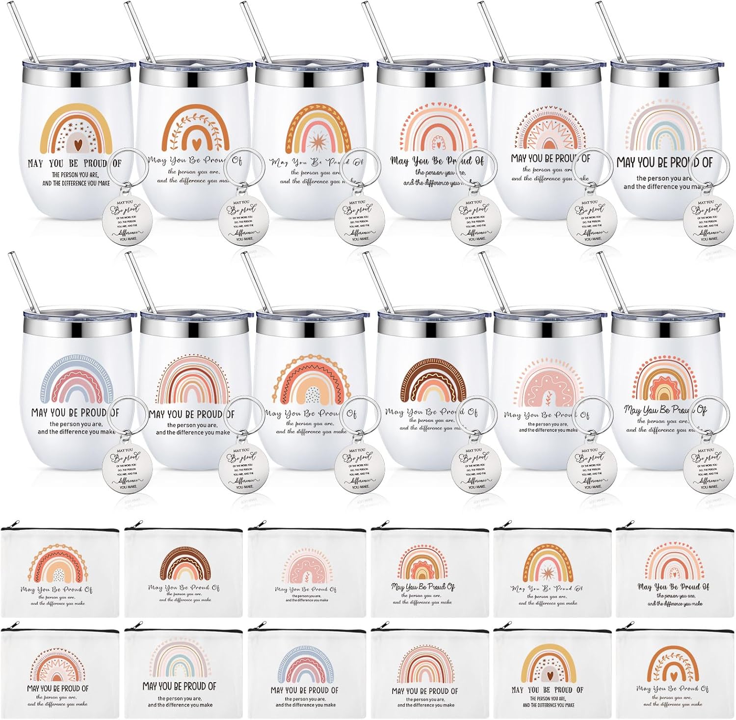 Juego de 36 piezas de regalo de agradecimiento, 12 piezas Boho Rainbow May You Be Proud Steel de 12 onzas, tazas de agradecimiento a los empleados,
