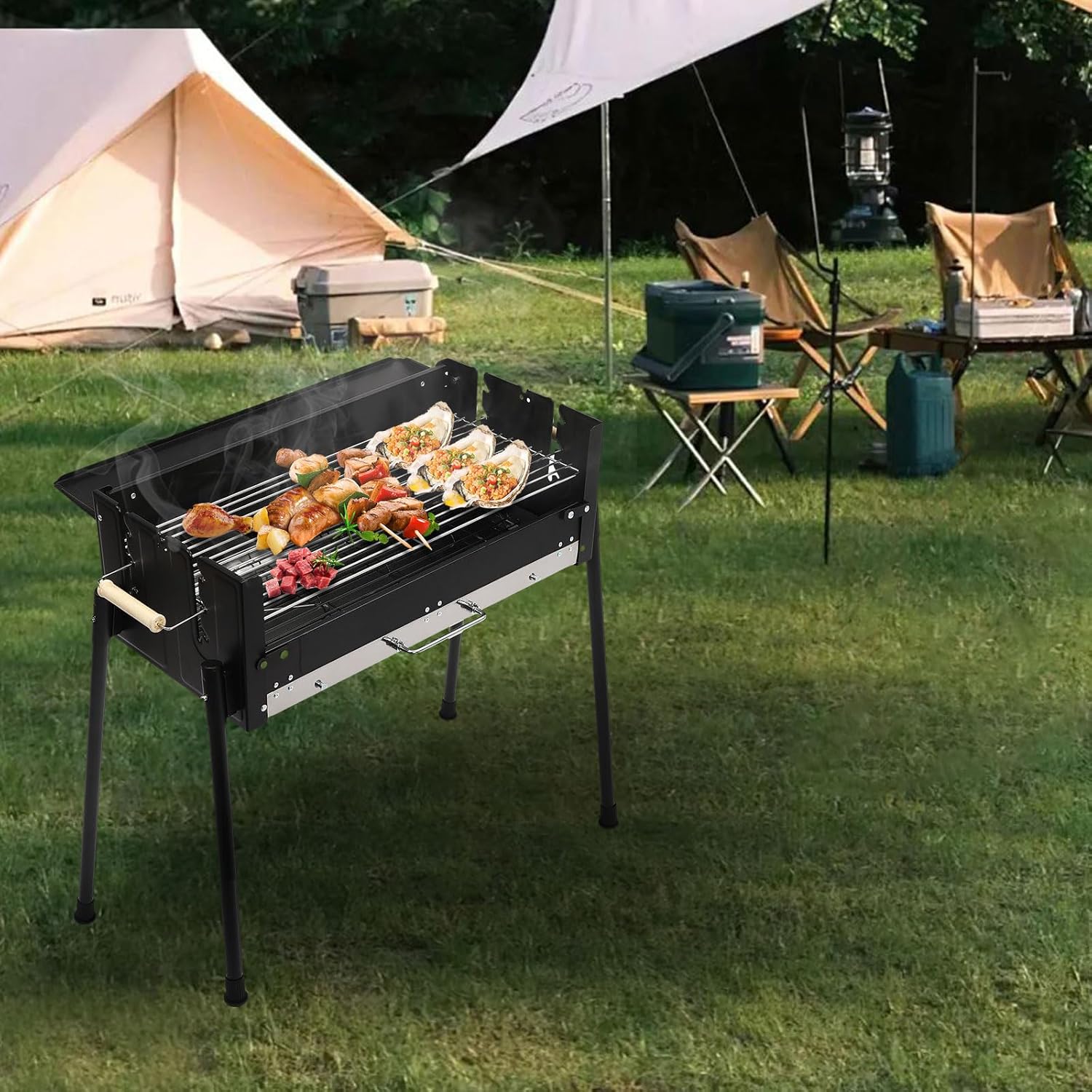 Parrilla de carbón para barbacoa, de acero inoxidable, plegable, portátil, kits de herramientas para barbacoa al aire libre, camping, senderismo,
