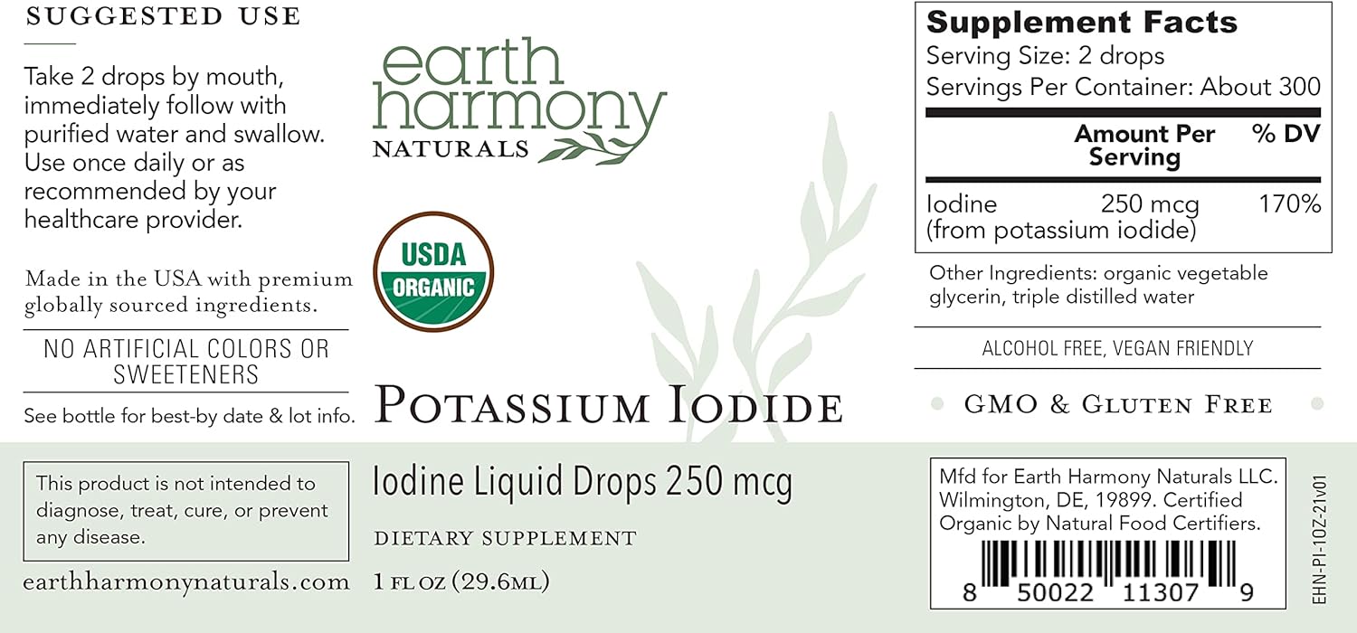 Earth Harmony – Yoduro de potasio orgánico 250 mcg y clorofila – 1 onza líquida y 2 onzas líquidas