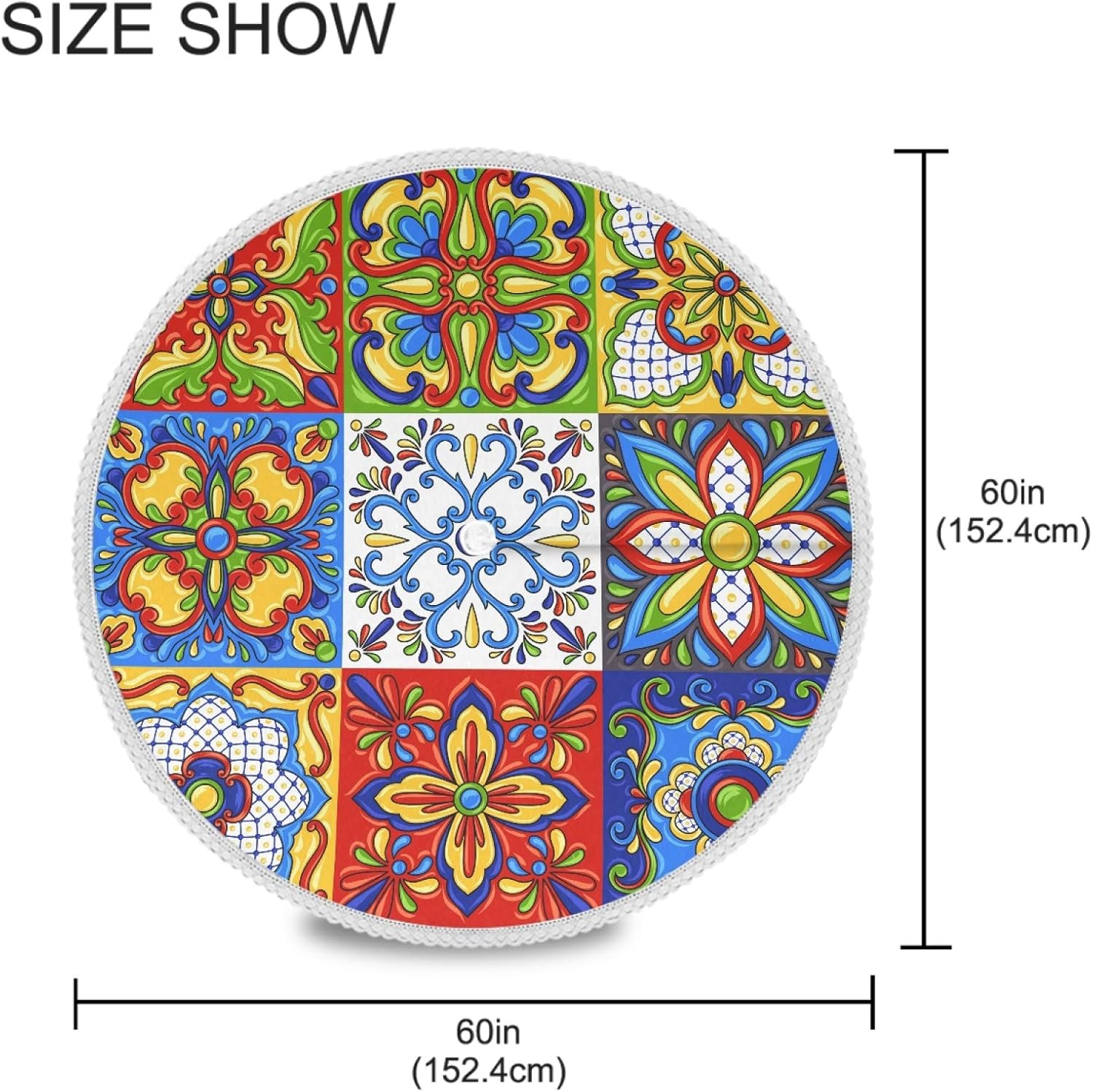 Qilmy Mantel redondo de azulejos de cerámica Talavera mexicana, resistente al calor, con agujero para sombrilla y cremallera, para acampar al aire