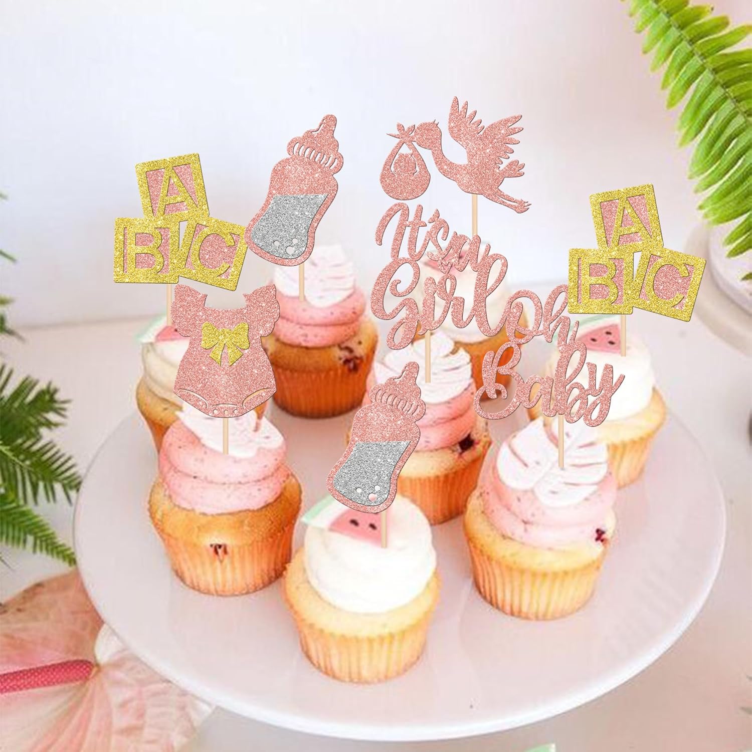 30 piezas de decoración de cupcakes para baby shower, vestido con lazo con purpurina, biberón para cupcakes “It’s a Girl”, decoración de pasteles