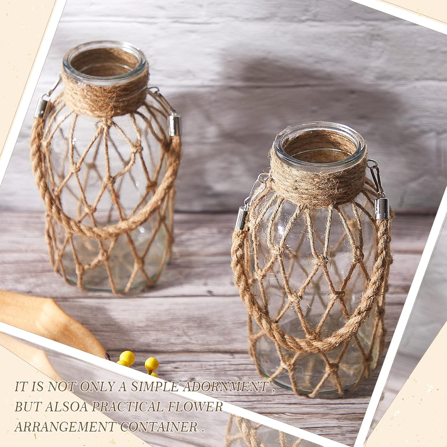 Juego de 4 jarrones de mimbre con diseño de flores secas, jarrón de mimbre rústico para colgar, frascos decorativos para envolver botellas náuticas