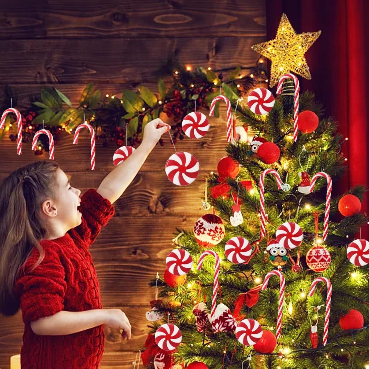 48 adornos de bastón de caramelo, adornos colgantes de Navidad, decoraciones de árbol de Navidad, adornos de plástico para muletas trenzadas para