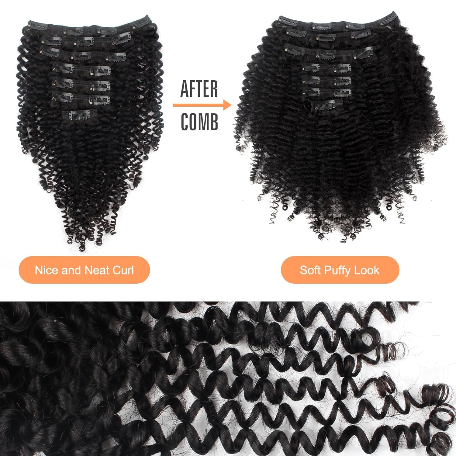 Extensiones de cabello rizado con clip, doble trama, grueso, cabeza completa, color negro natural, 100 % cabello humano virgen Remy, para mujeres