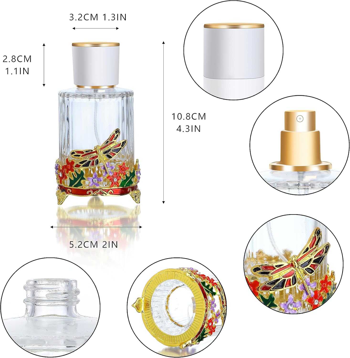 YU FENG Botella de perfume de aerosol de vidrio decorativo de libélula de 0.6 fl oz, botella de viaje de vidrio de niebla fina vacía transparente