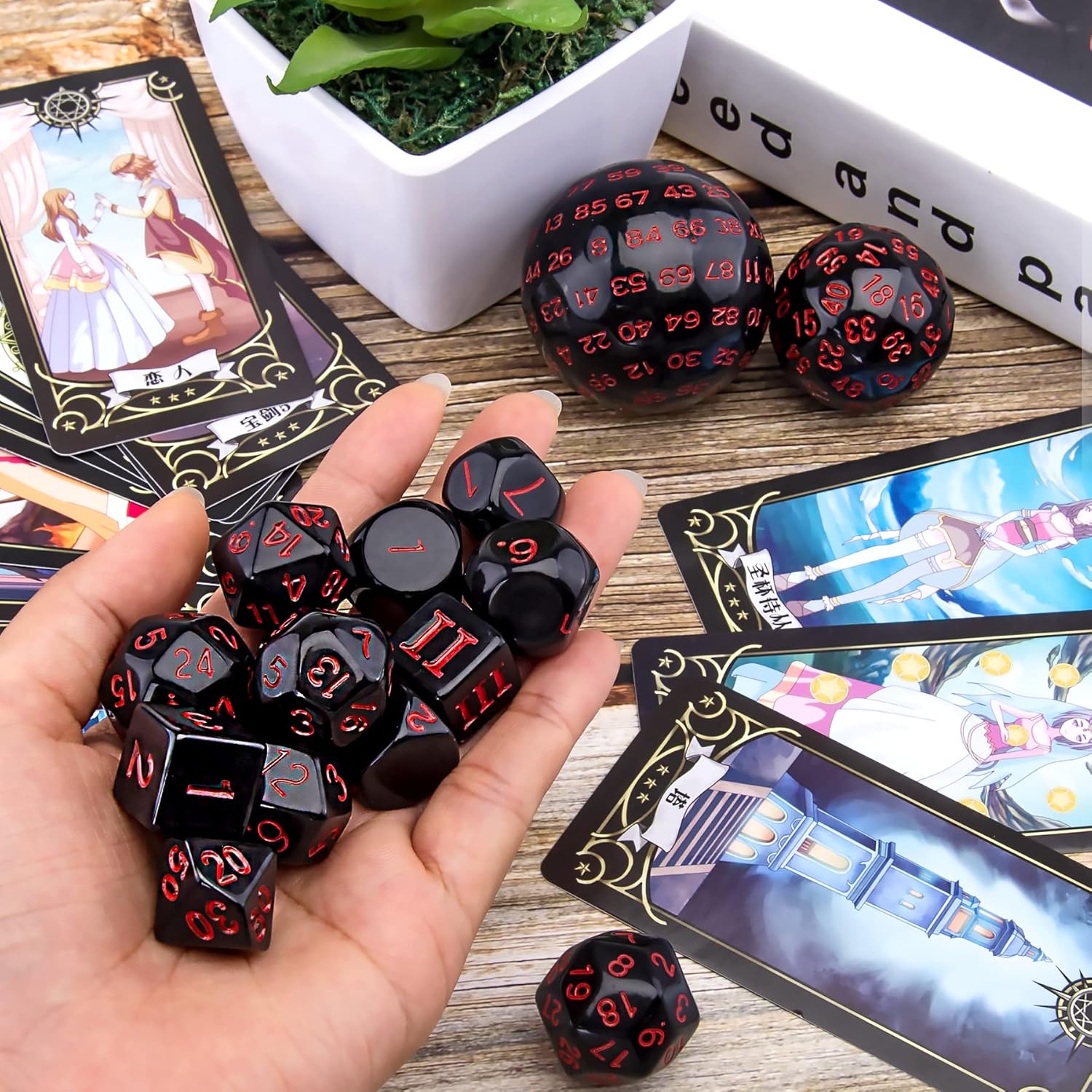 AUSTOR Juego completo de dados poliédricos D3-D100 de 15 piezas con una bolsa de almacenamiento de cuero con cordón para juegos de mesa (negro y
