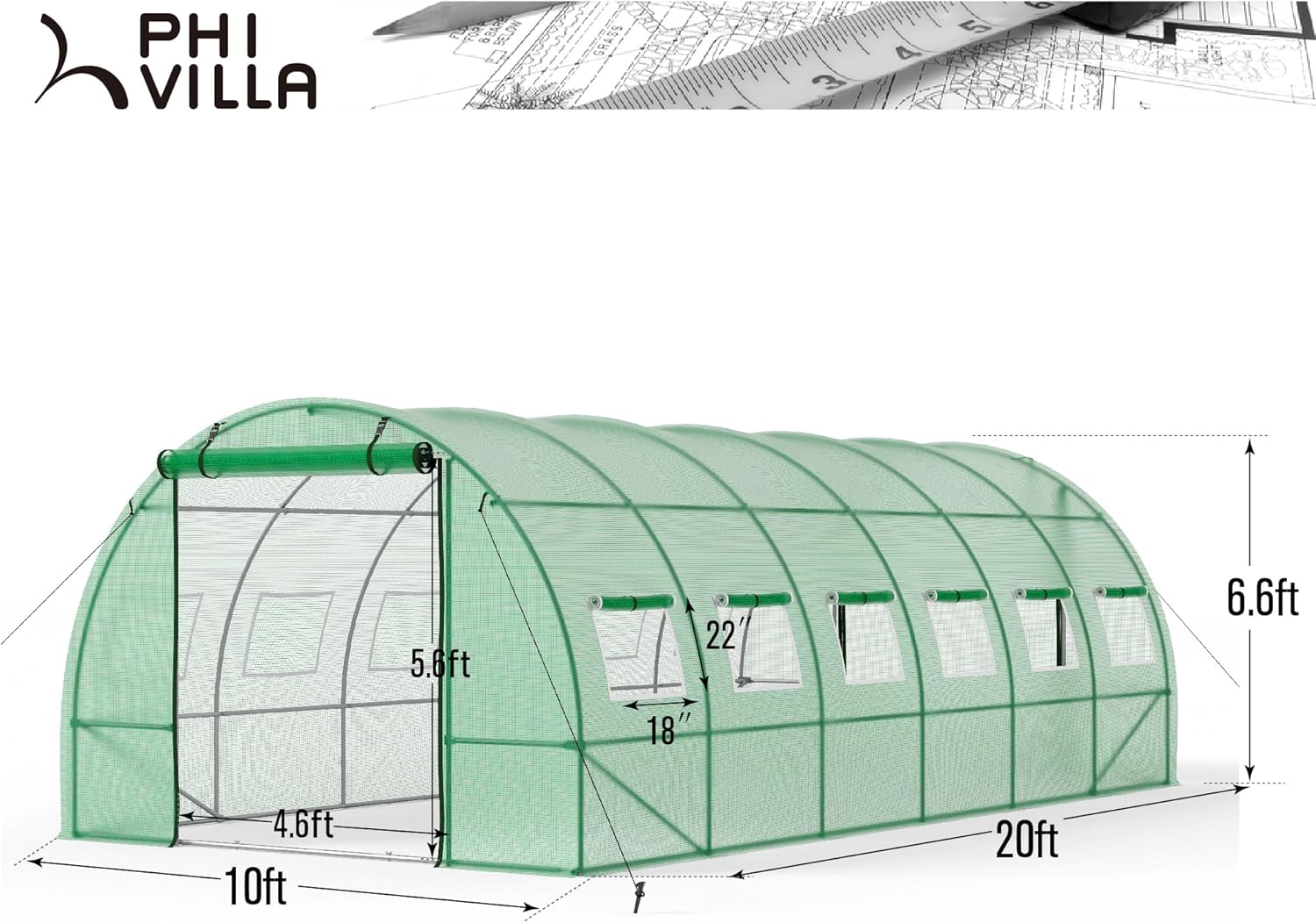 PHI VILLA Invernadero grande mejorado de 20 x 10 x 6.6 pies, marco de acero galvanizado resistente, 2 puertas de pantalla con cremallera, 12