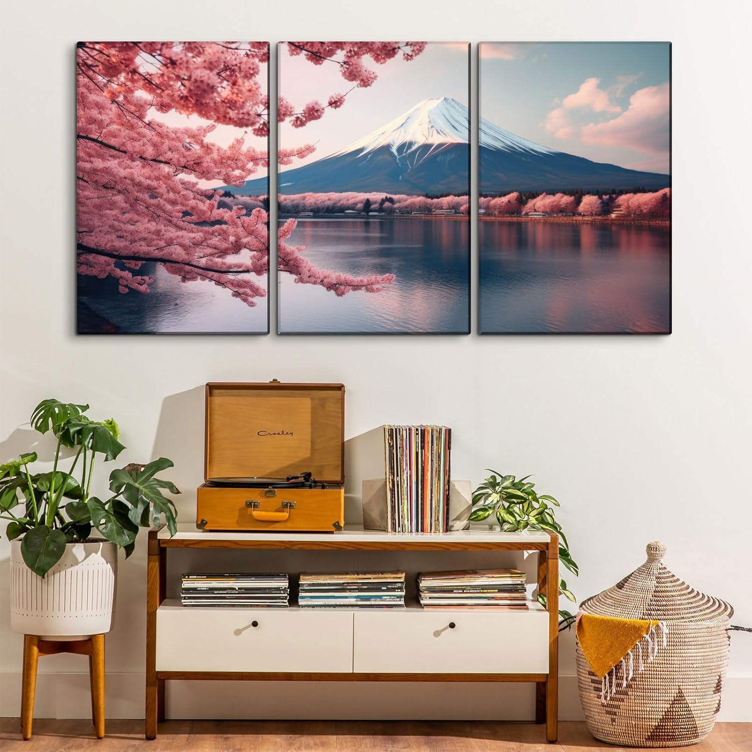 YONICA Lienzo decorativo de 3 paneles de montaña para decoración del hogar, paisaje con flores de cerezo rosa y monte Fuji, impresión en lienzo HD