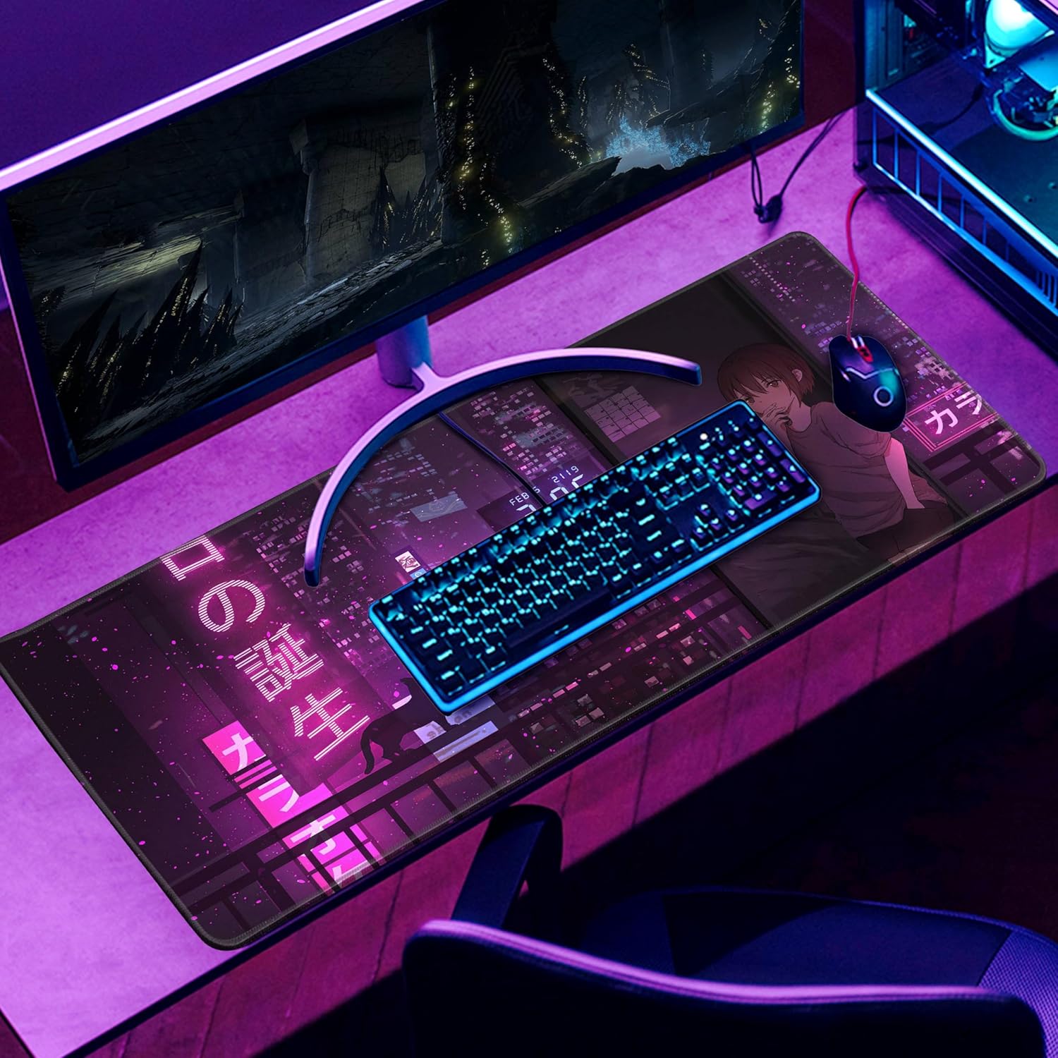 Alfombrilla de mouse para juegos de anime morado, XL, extendida, japonesa, grande, alfombrilla de escritorio de 31.5 x 11.8 pulgadas, alfombrilla de