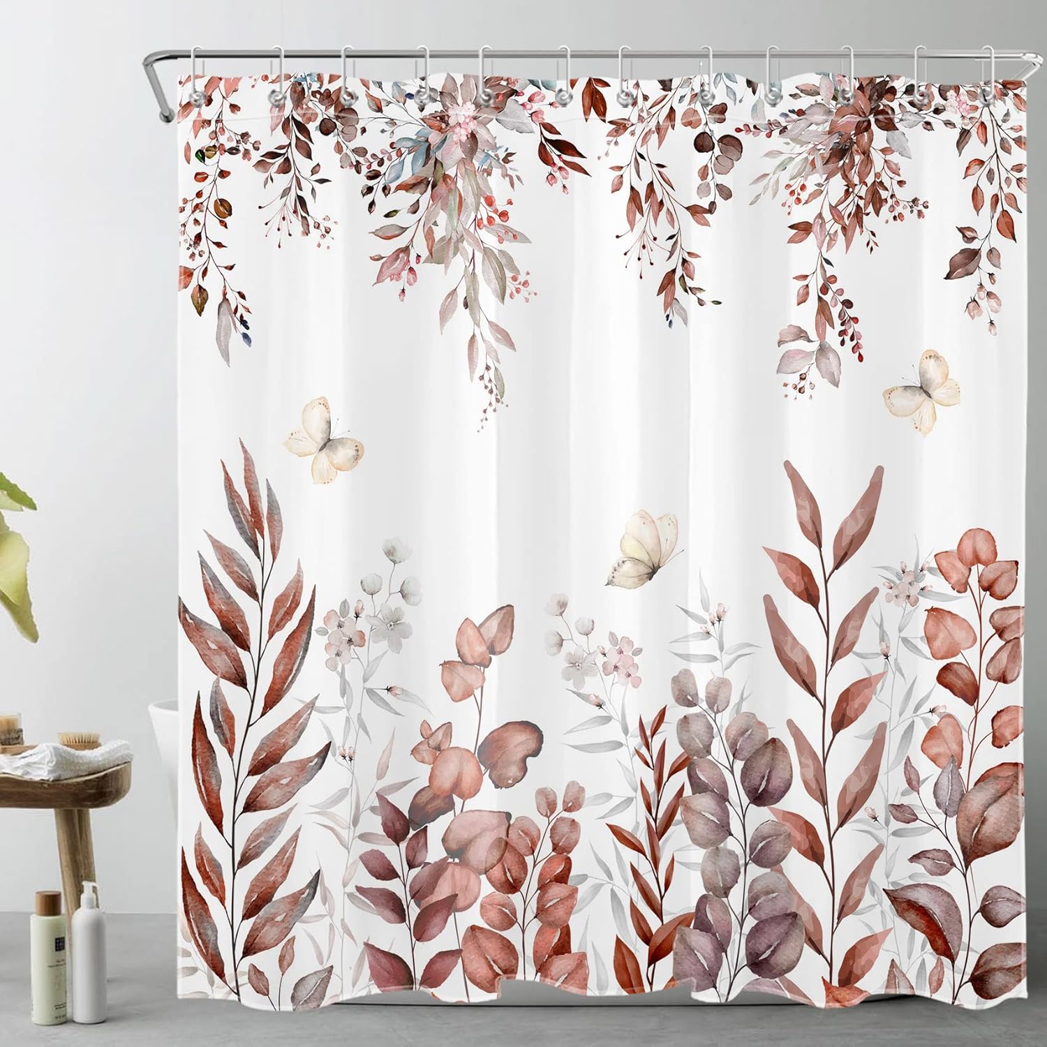 LB Fall Leaves Shower Curtain Watercolor Eucalyptus Leaf Butterfly Bathroom Shower Curtain Nature Autumn Plant Bathroom Curtain with Hook 72×72 Inch