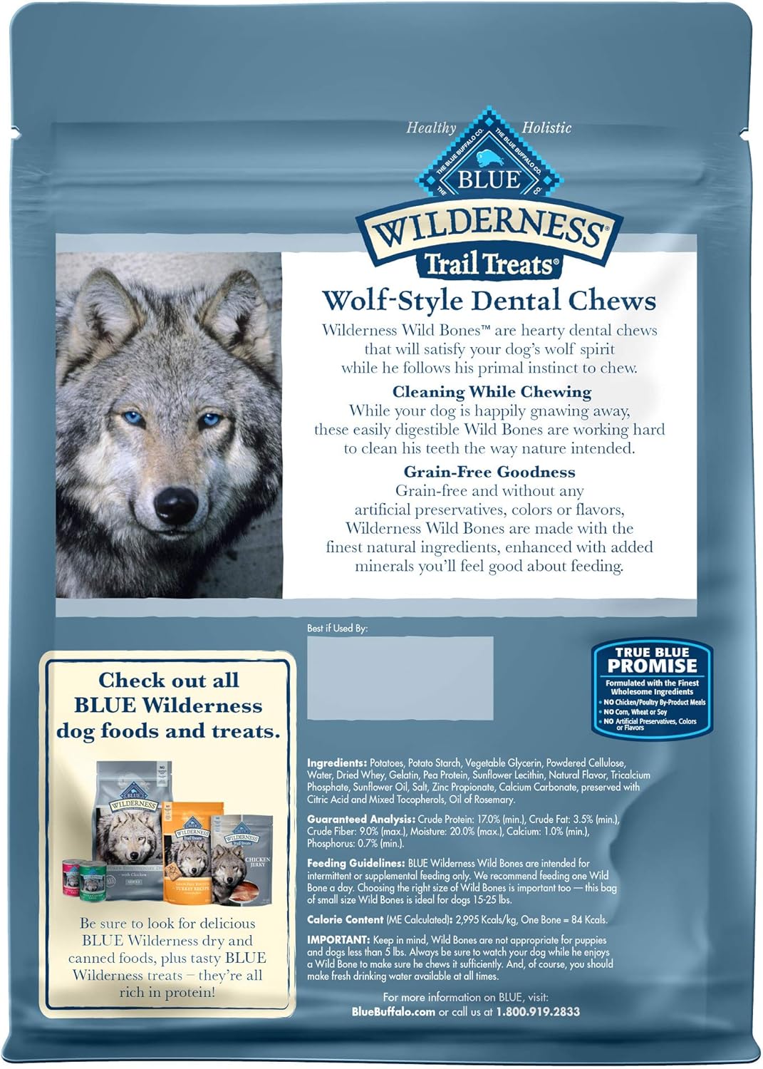 Blue Buffalo Wilderness Wild Bones – Golosinas dentales masticables sin granos, bolsa pequeña de 10 onzas