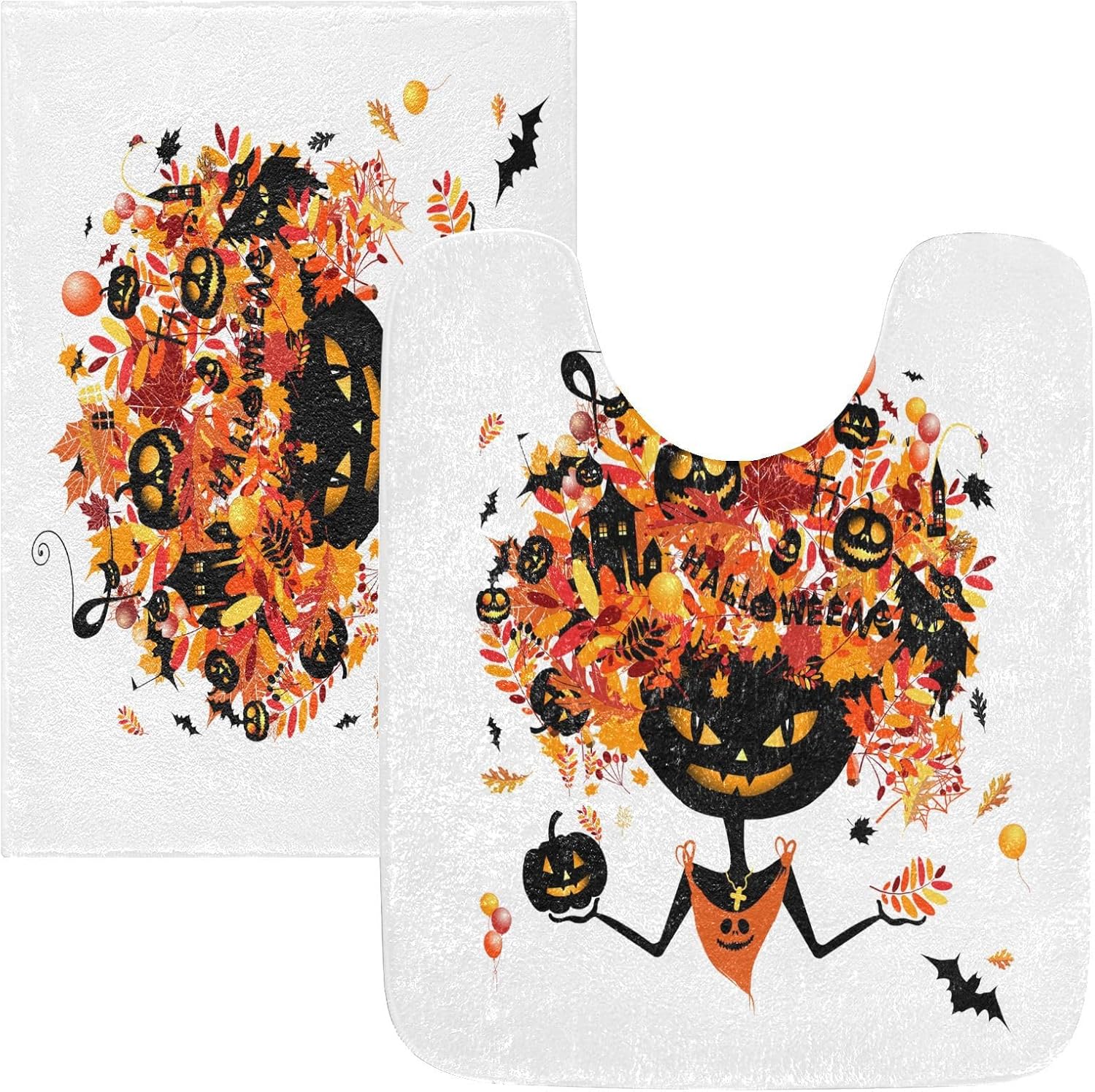 Bathroom Rugs Sets 2 Piece 24×16+24×20 Inch,Soft U-Shaped Contour Toilet Rug Halloween Pumpkin Head Non-Slip Absorbent Bath Floor Mat Carpet Set
