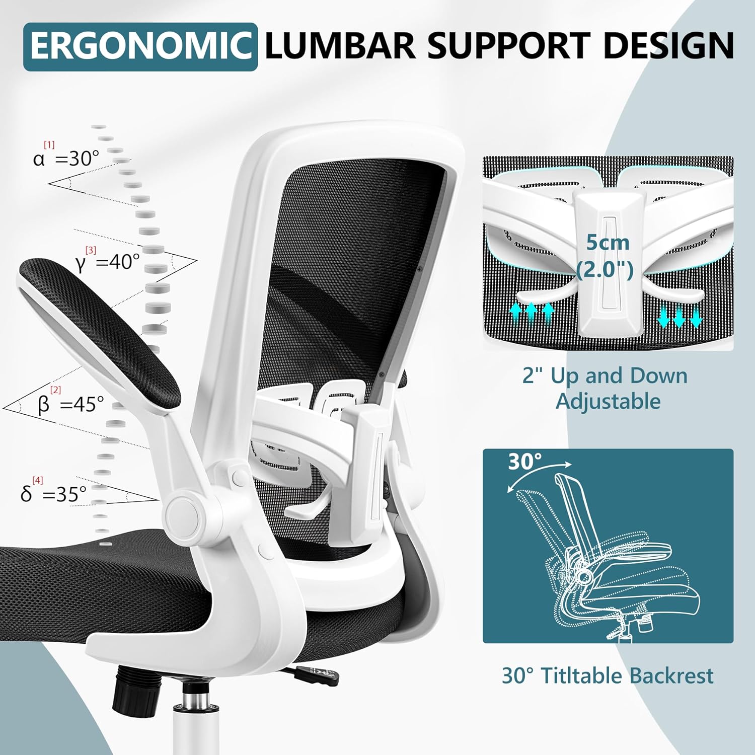 MINLOVE Silla de oficina ergonómica con soporte lumbar ajustable y altura, reposabrazos abatibles de 90, sillas de escritorio Ergo con ruedas, silla
