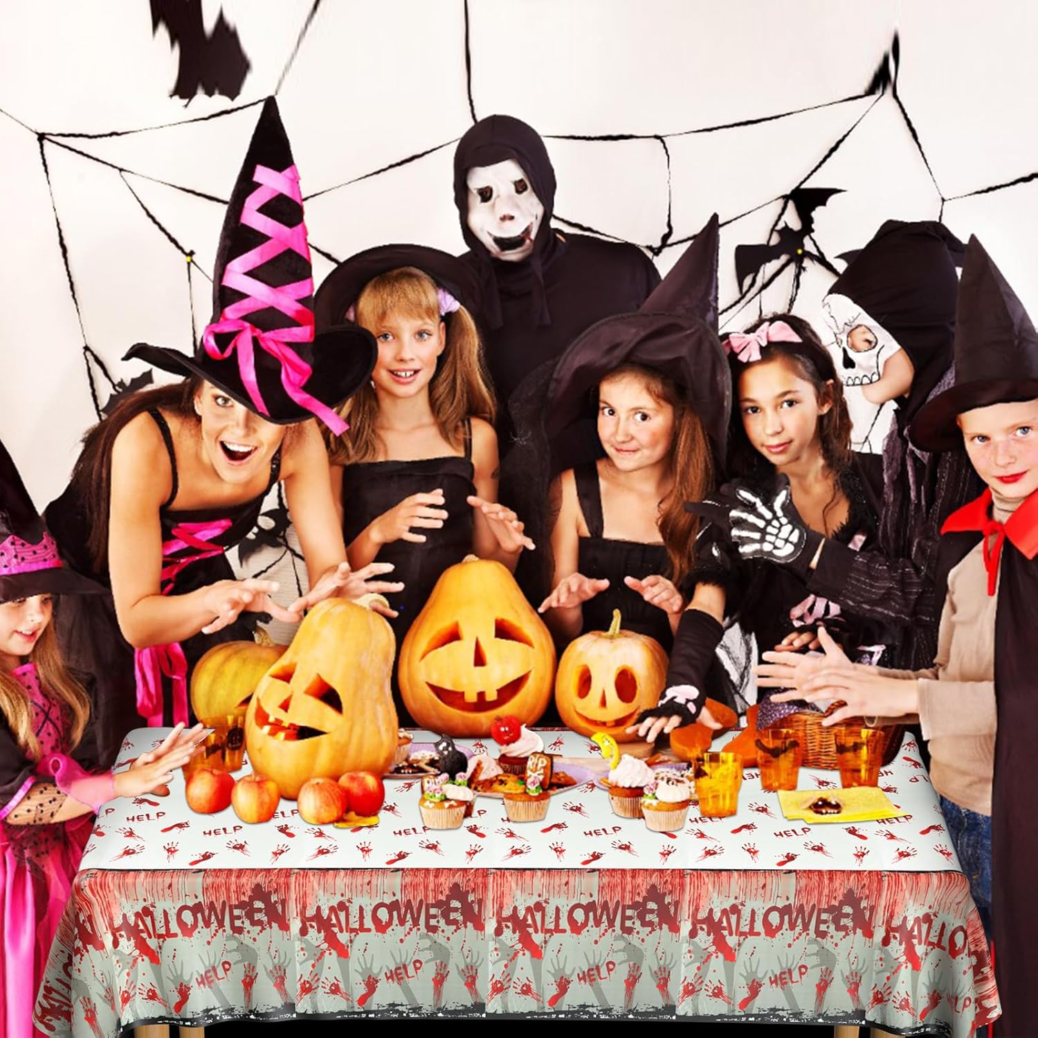 PLULON Paquete de 3 manteles de Halloween de 54 x 108 pulgadas, diseño de huellas de manos color rojo zombi, mantel de plástico para decoración de