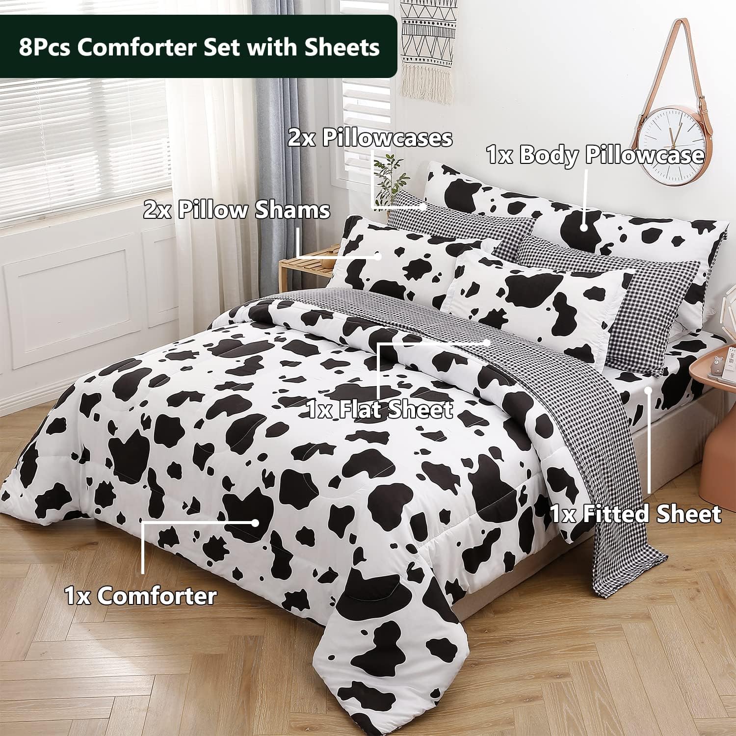 SUCSES Juego de edredón tamaño individual con sábanas de 8 piezas con estampado de vaca, ropa de cama de piel de vaca en una bolsa para niños y