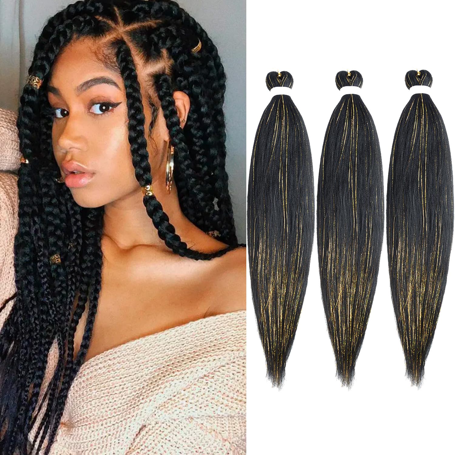 Extensiones de cabello trenzado preestirado de 26 pulgadas dentro de extensiones de cabello de oropel brillante, 3 paquetes de textura suave Yaki