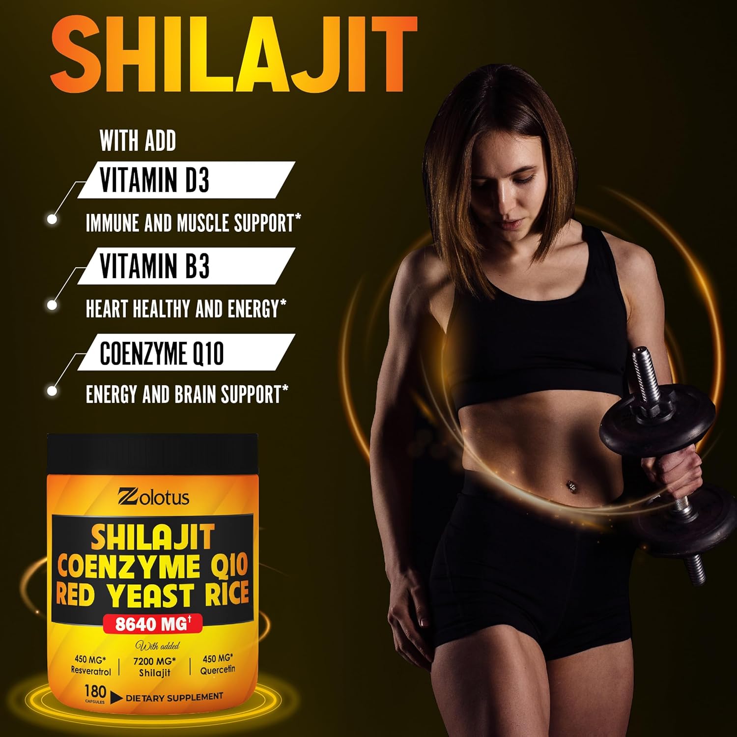Zolotus Suplemento Shilajit 7 en 1 + arroz de levadura roja, cápsulas de coenzima Q10, equivalente a 8640 mg, con quercetina, resveratrol, vitamina