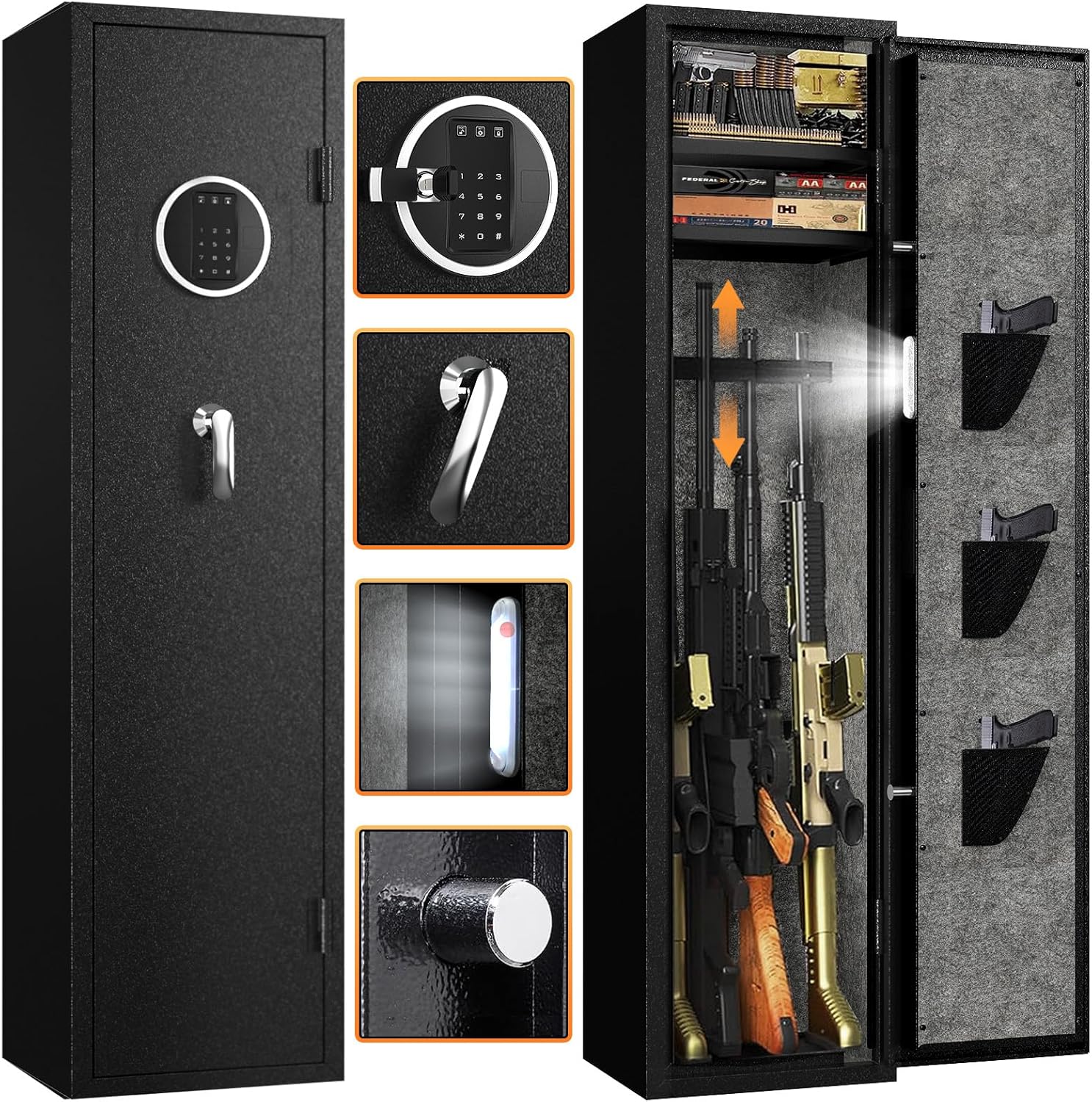 EMAXEE Rifle seguro para armas 5-6, cajas fuertes para rifle y pistolas caseras, gabinete de armas con contraseña virtual de privacidad y función de
