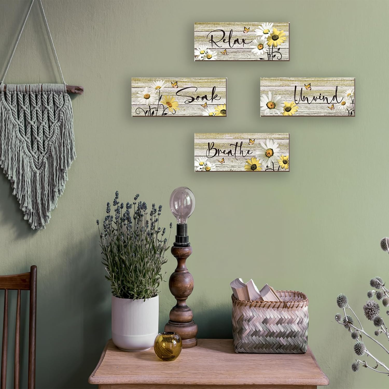 ZINYAZHE 4 piezas de decoración de pared de baño amarillas de margaritas amarillas y mariposas amarillas, arte de pared amarillo para relajarse,