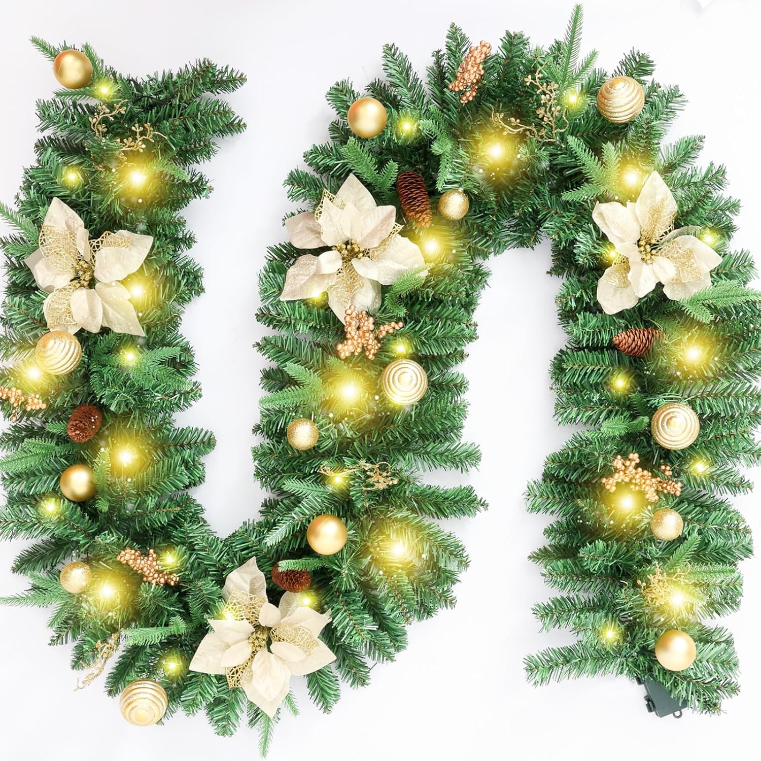 Joyhalo Guirnalda de Navidad de 9 pies con luces que funciona con pilas, guirnalda de Navidad preiluminada para exteriores, guirnalda de Navidad