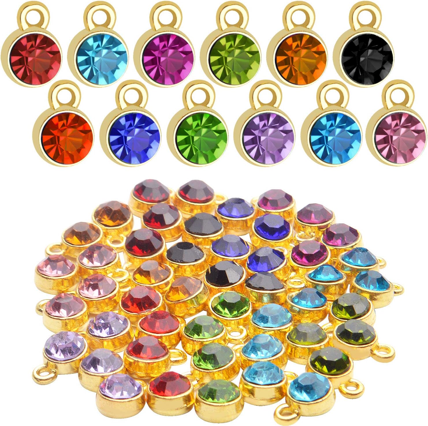 Aylifu Dijes de piedra natal de cristal, 48 piezas de dijes de piedra natal de cristal, cuentas redondas con anillos, dije de cristal hecho a mano