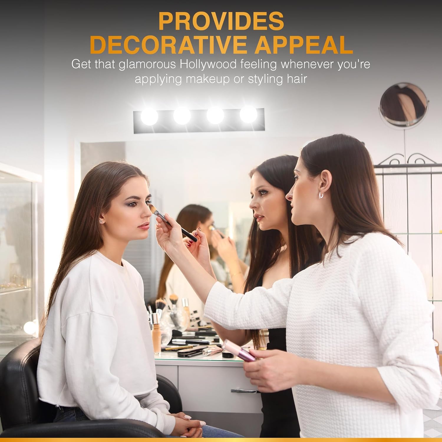 DYSMIO Tira de tocador de cuatro luces, accesorio de espejo estilo Hollywood con placas negras, accesorios de grado de salón para dormitorio, baño,