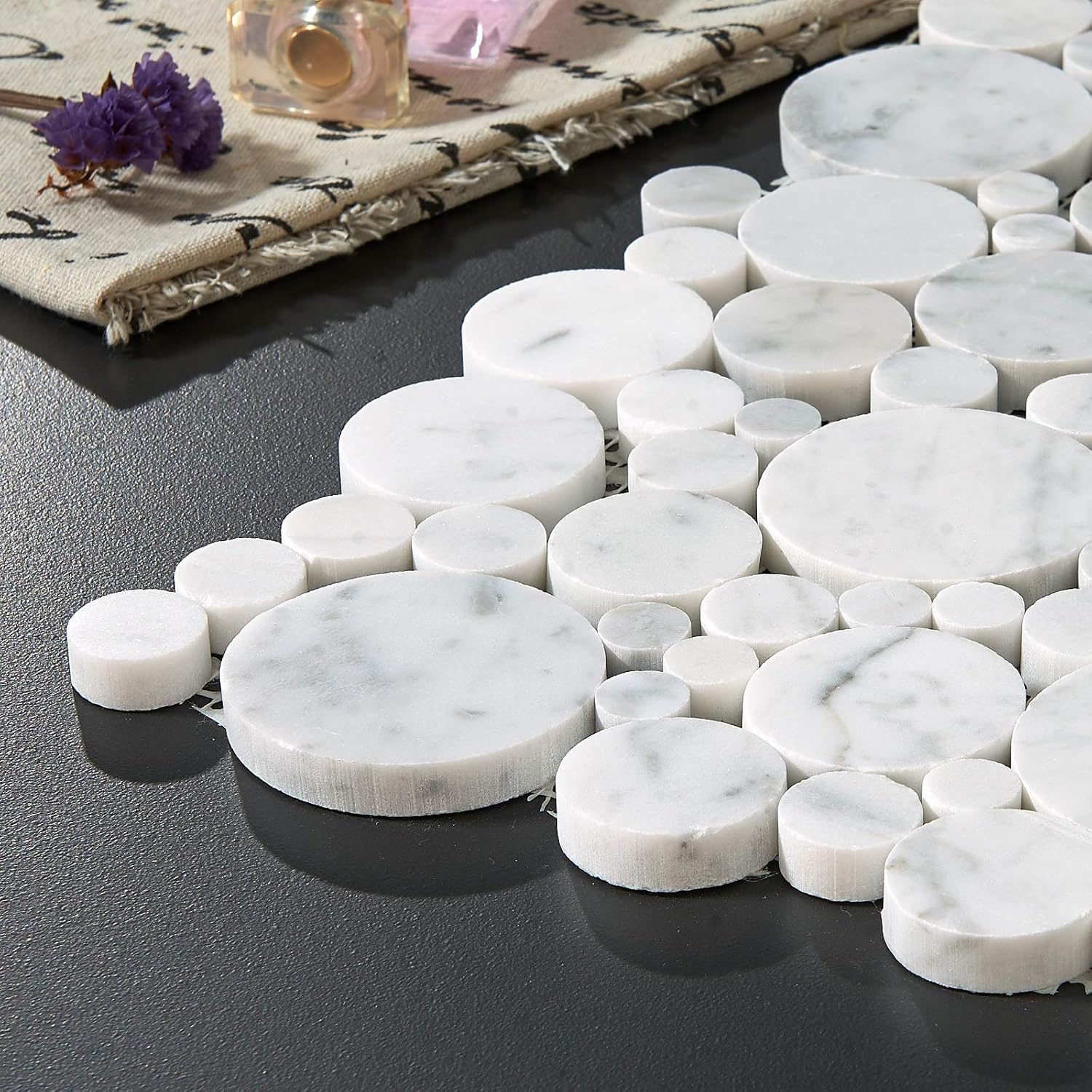 5 hojas de mosaico de mármol para salpicaduras de cocina, suelo de ducha de baño, etc., colección Bolle, redondos mixtos, 12 x 12 x 38 pulgadas,