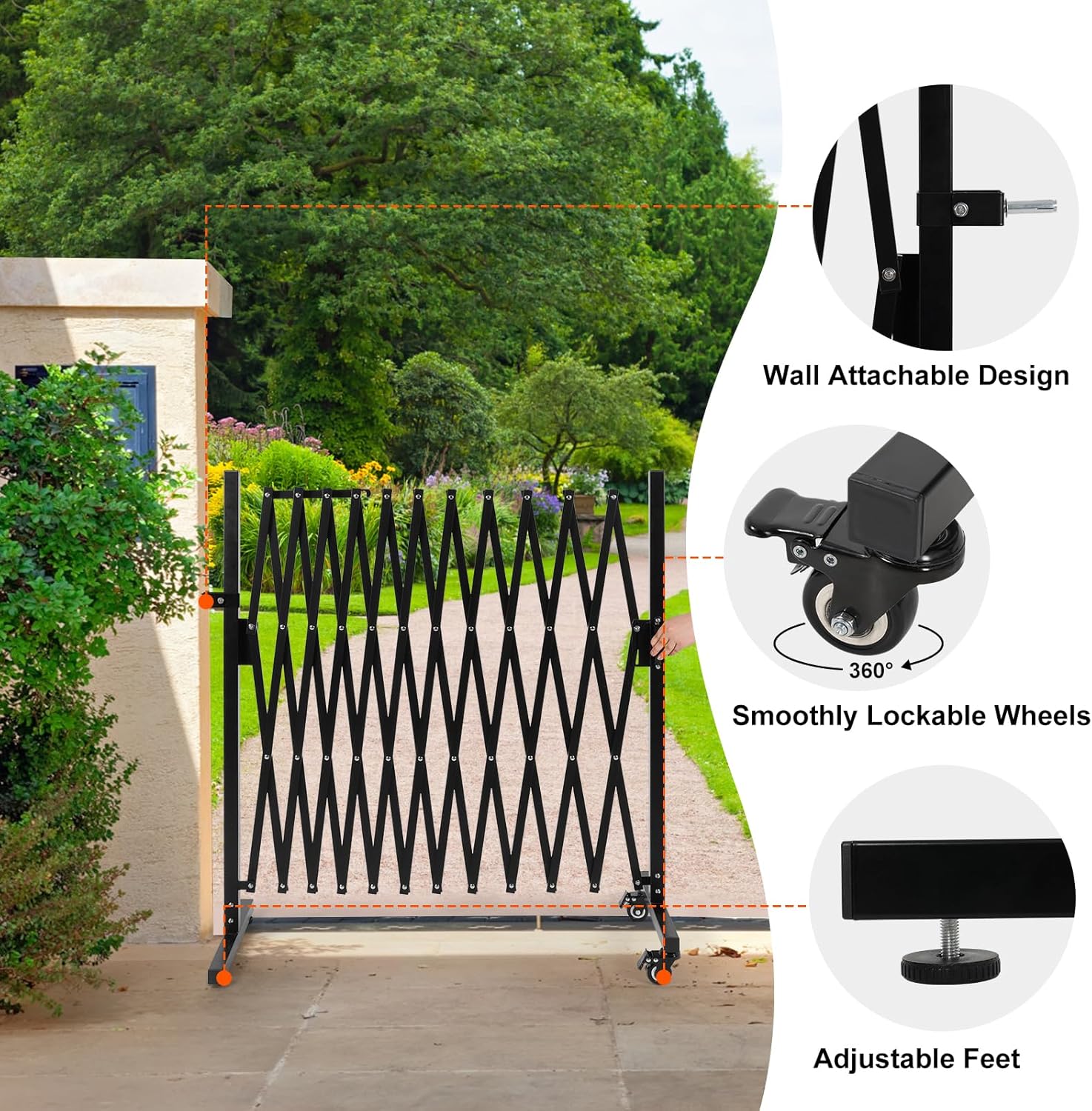 SMONTER Puerta de barricada expandible, puerta de barrera de seguridad de metal de 129 pulgadas con ruedas, valla de acordeón para jardín, patio,
