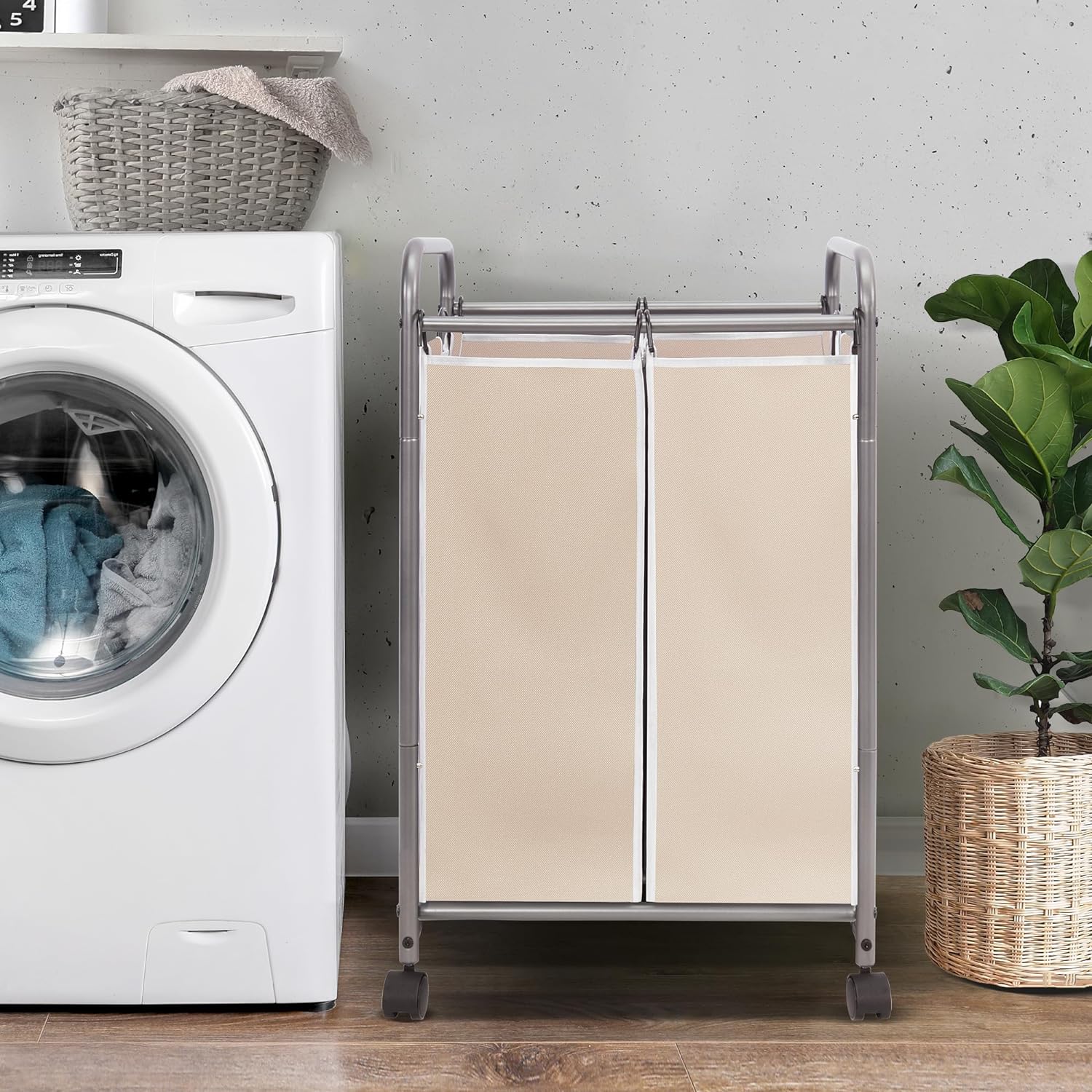 STORAGE MANIAC Clasificador de ropa sucia de 2 secciones, cesta de lavandería de 90 L con ruedas, clasificador de cestas de lavandería, cesta