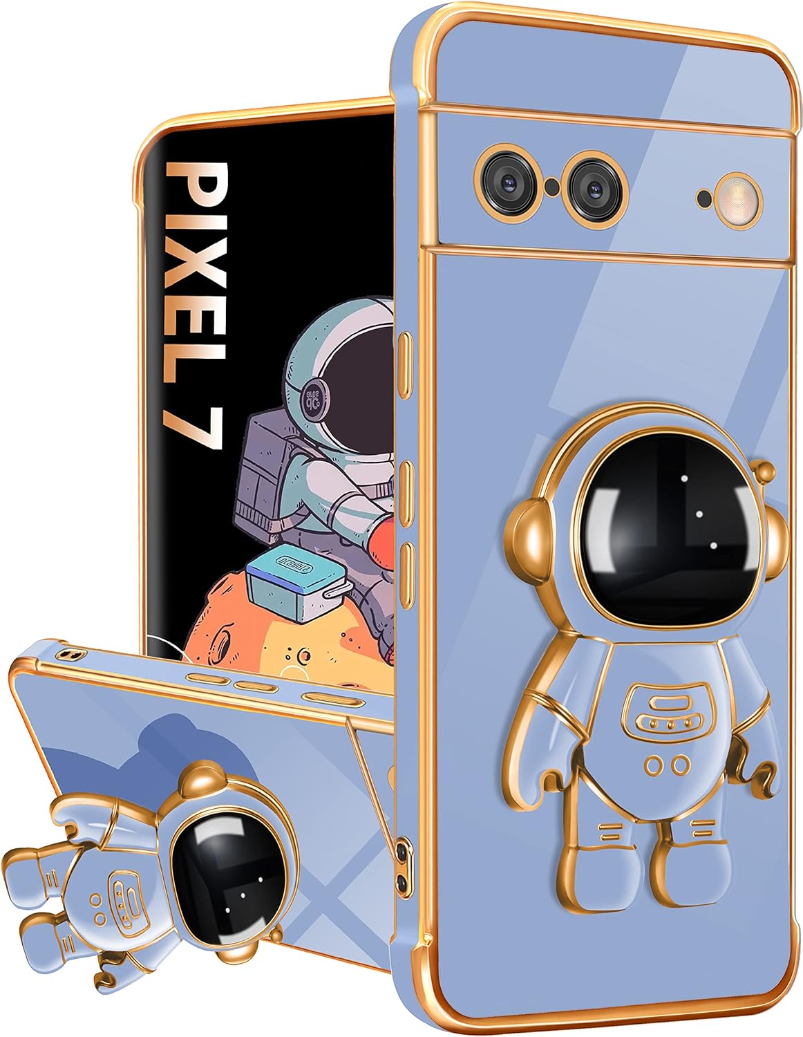 Funda para Google Pixel 7, fundas Pixel 7 con soporte de astronauta para mujeres y niñas, diseño de corazón de amor, chapado en oro, 6D con soporte