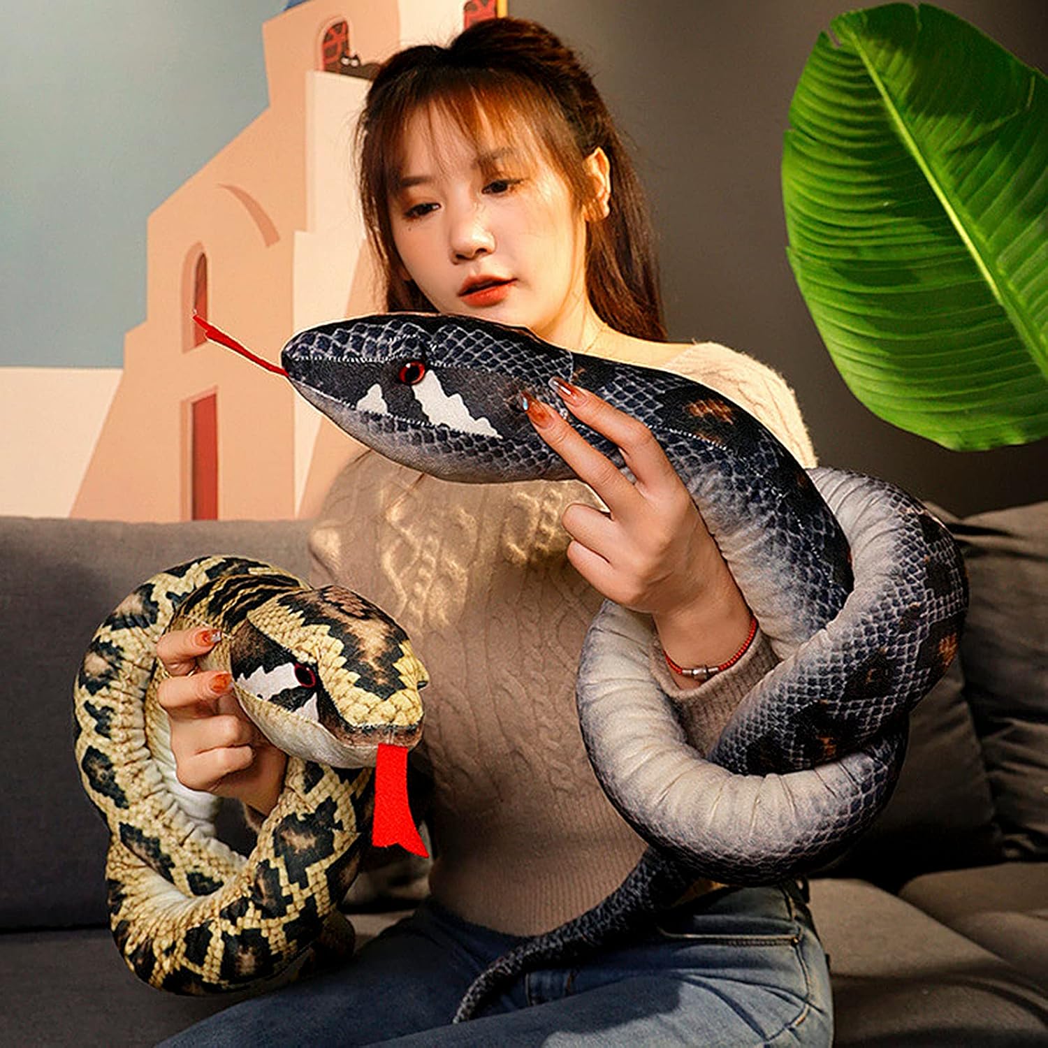 PURFUN Serpiente de felpa realista de 67 pulgadas de largo, serpiente, boa constrictor gigante realista, animal de peluche, decoración del hogar