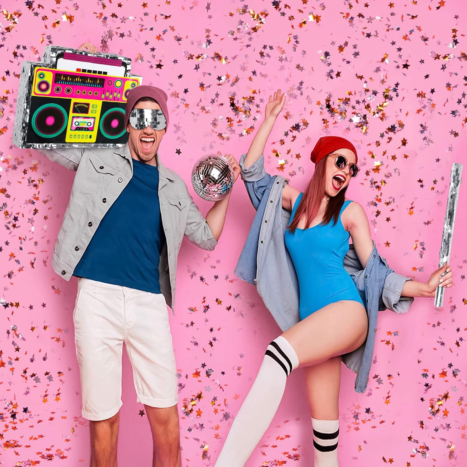Waenerec Piñata Boombox con palillo de piñata y lazo para colgar, estilo retro de los años 90, hip hop, juego de piñata mexicana para fiesta de