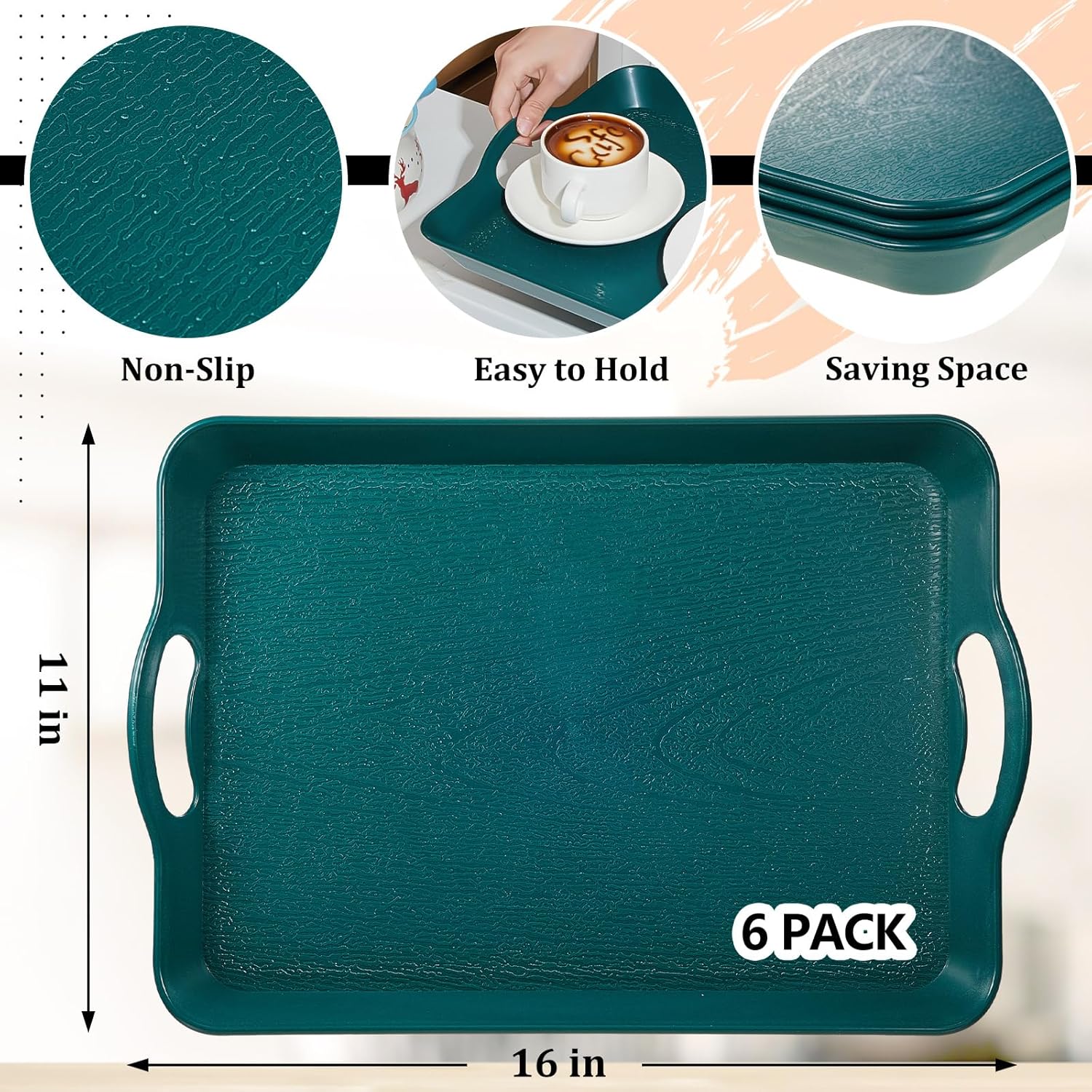 6 bandejas para servir con asas para comer, bandeja de plástico multiusos de 16 x 11 pulgadas, bandeja rectangular antideslizante decorativa para