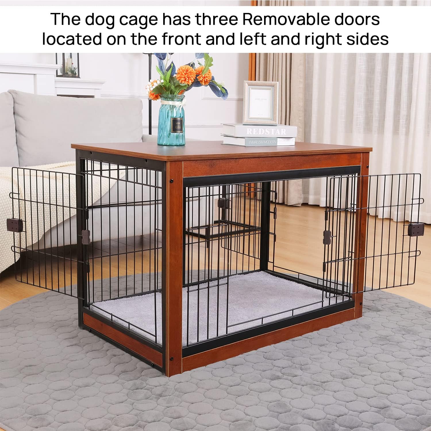 RYpetmia Muebles estilo jaula para perros para mascotas pequeñas y medianas, mesa de jaula de madera para perros, resistente y puertas de tres