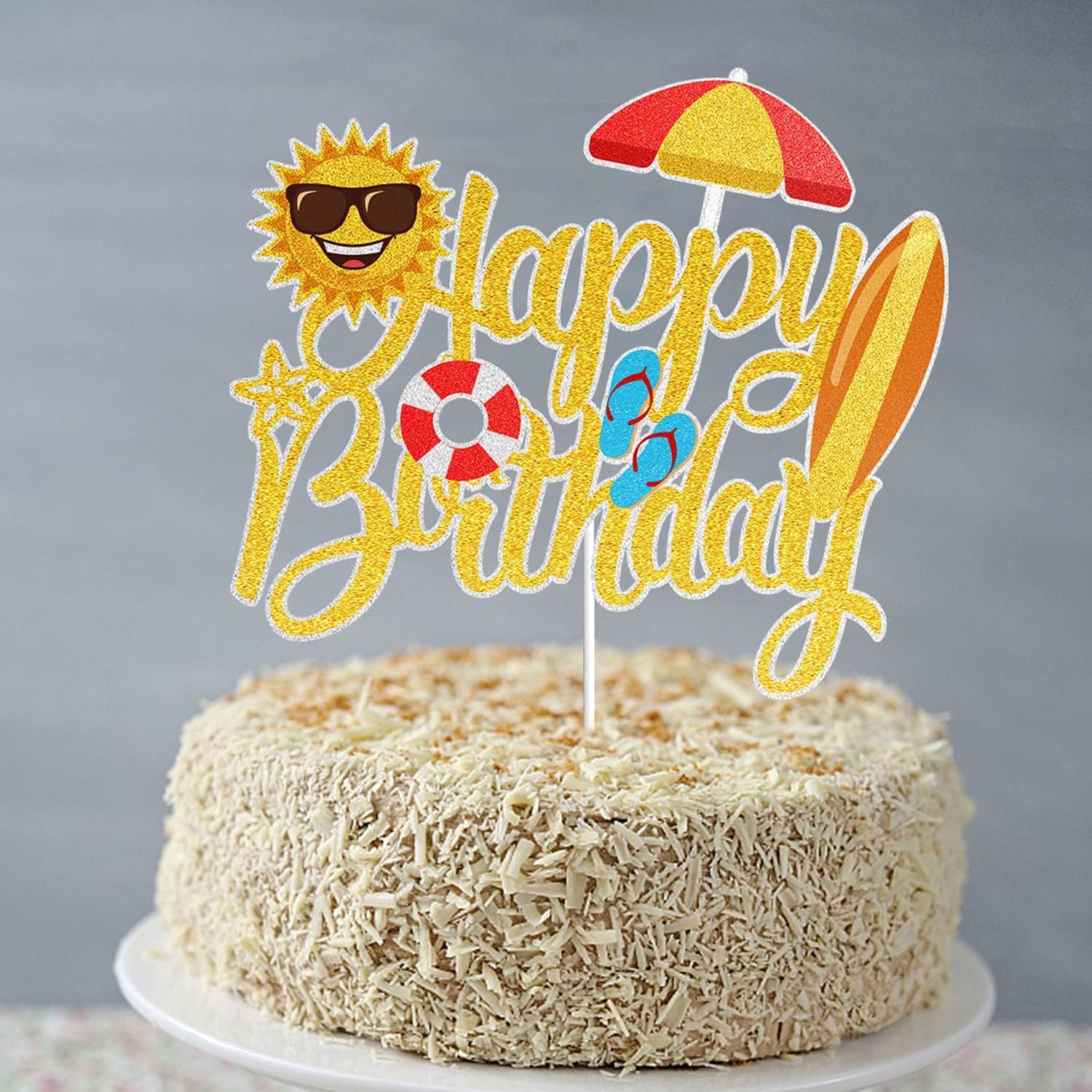 Decoración para tarta de cumpleaños con purpurina dorada para verano, playa, piscina, surf, fiesta, decoración de verano, vacaciones, cumpleaños,