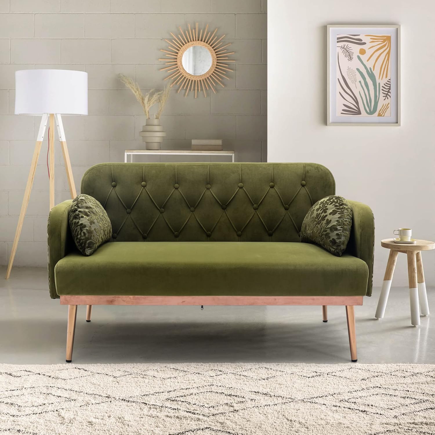 Sofá biplaza verde de terciopelo, sofá pequeño para dormitorio, sofá con pies de metal, 2 almohadas incluidas