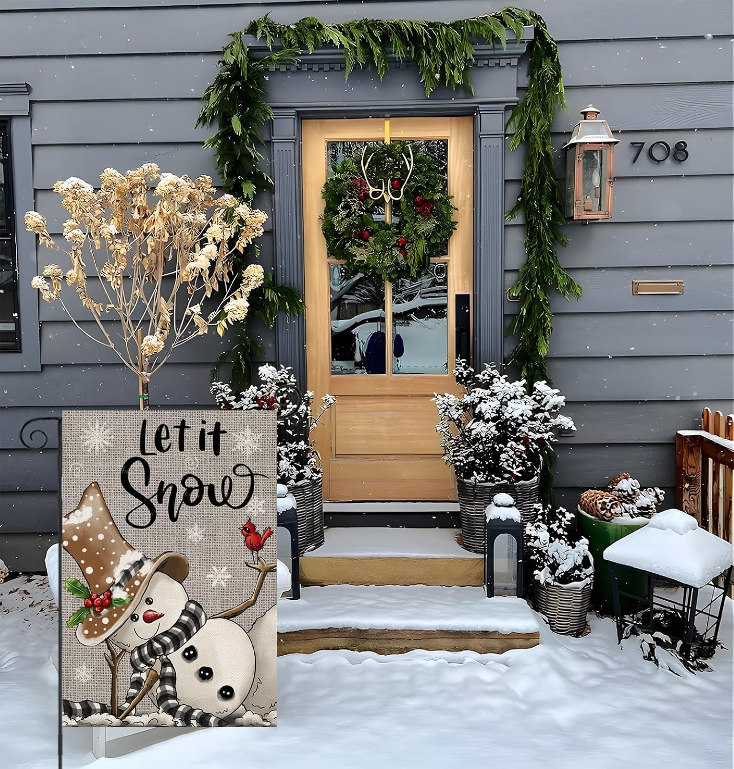 EKOREST Banderas de jardín de invierno para decoración exterior, bandera de patio pequeña con diseño de muñeco de nieve gris Let it Snow, Navidad,