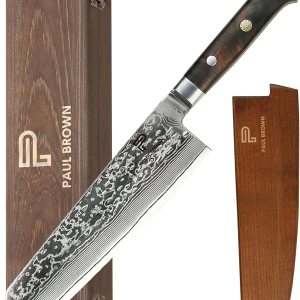Paul Brown’s Cuchillo Kiritsuke de 8 pulgadas de acero Damasco VG10 de 67 capas con patrón de martillo forjado con mango de madera premium y madera Paul Brown’s Cuchillo Kiritsuke de 8 pulgadas de acero Damasco VG10 de 67 capas con patrón de martillo forjado con mango de madera premium y madera