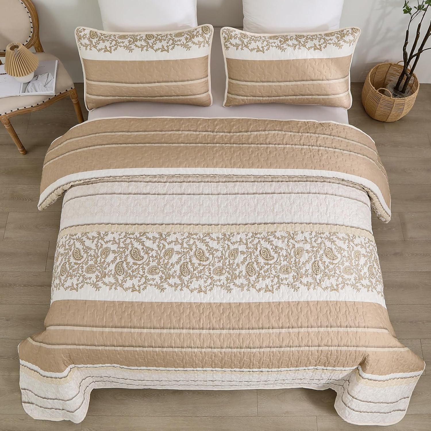 Juego de edredón marrón tamaño Queen, colcha reversible de 3 piezas de cachemira caqui, funda de cama de microfibra suave para todas las estaciones