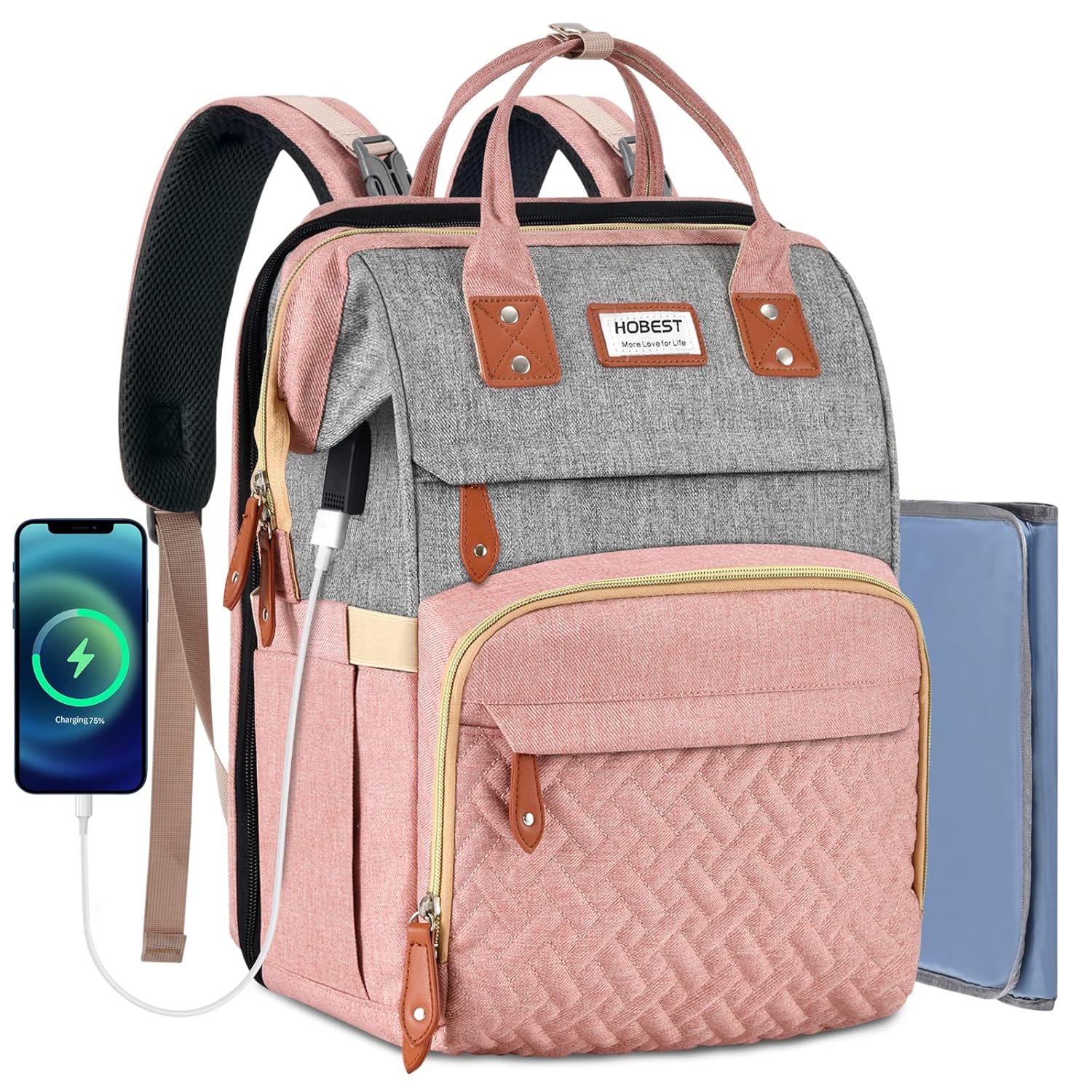 Mochila para pañales, bolsa de pañales de viaje grande multifunción con cambiador y puerto de carga USB para mamás papás, bolsa de bebé unisex