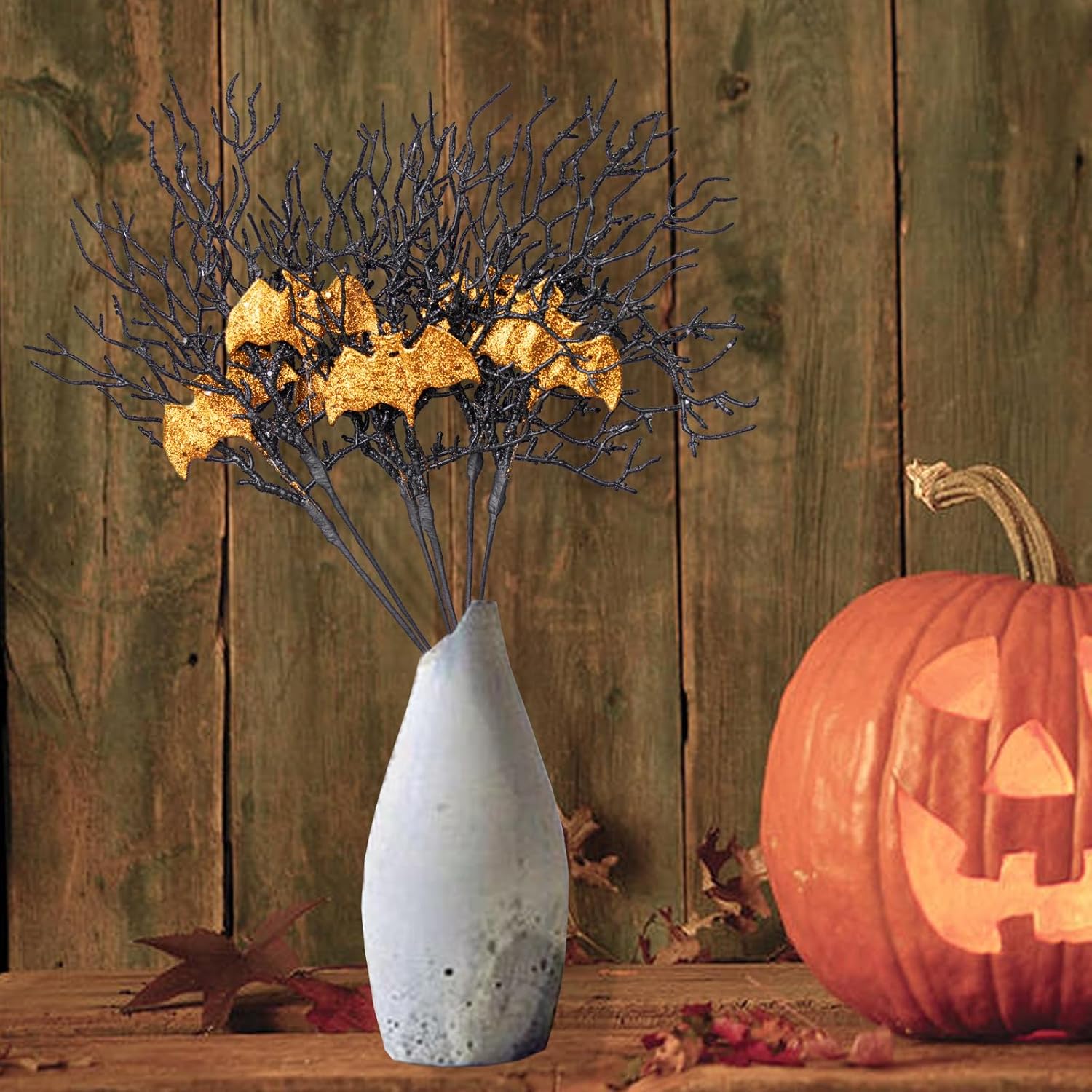 Yawwind Artificial Halloween Picks 17inch Balck Halloween Branches for Vase Gilitter Halloween Stems with Glitter Golden Bat for Table Centerpiece