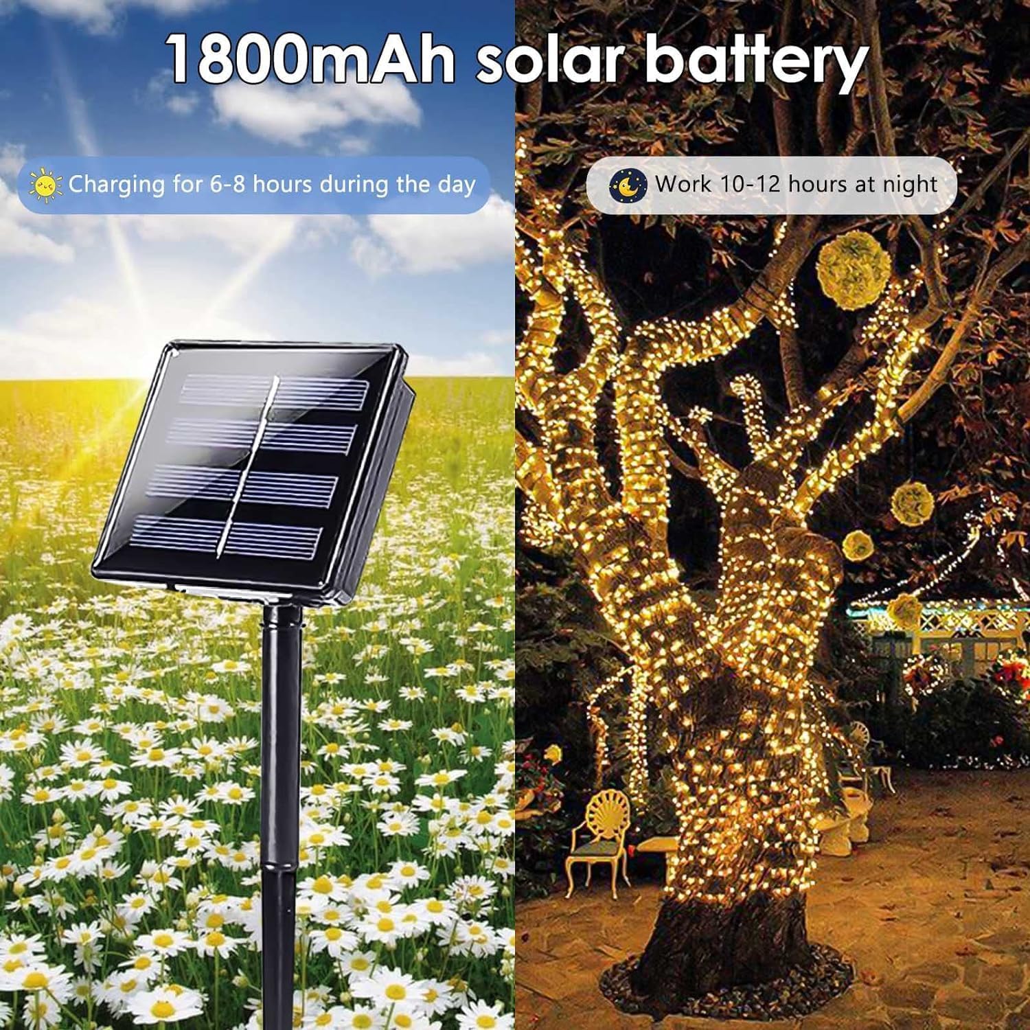 Paquete de 2 tiras de 200 luces LED solares de 66 pies para exteriores, funciona con energía solar, impermeable, con 8 modos, luces solares