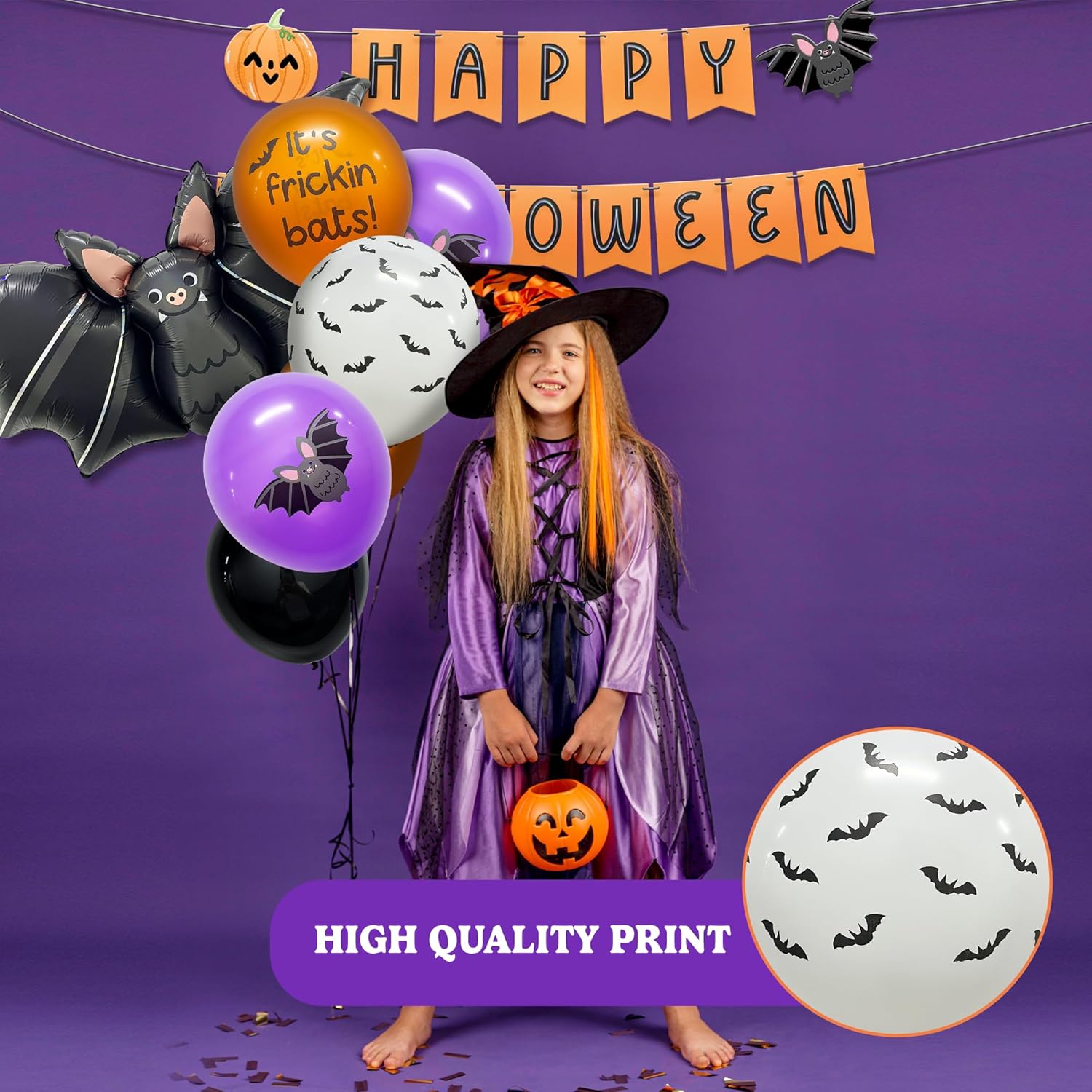 HOUSE OF PARTY Globo de aluminio de murciélago de 40 pulgadas de Halloween con 50 globos de látex de murciélago negro, naranja, morado, blanco para