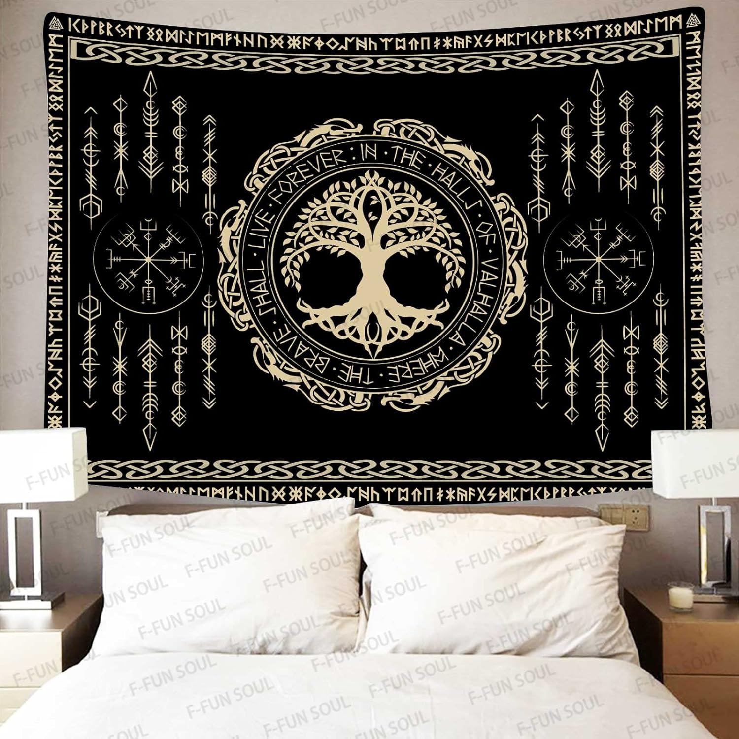 F-FUN SOUL Tapiz de los vikingos nórdicos, franela suave, 40 x 30 pulgadas, árbol de la vida vikingo Yggdrasil, runa celta escandinava, tapiz de