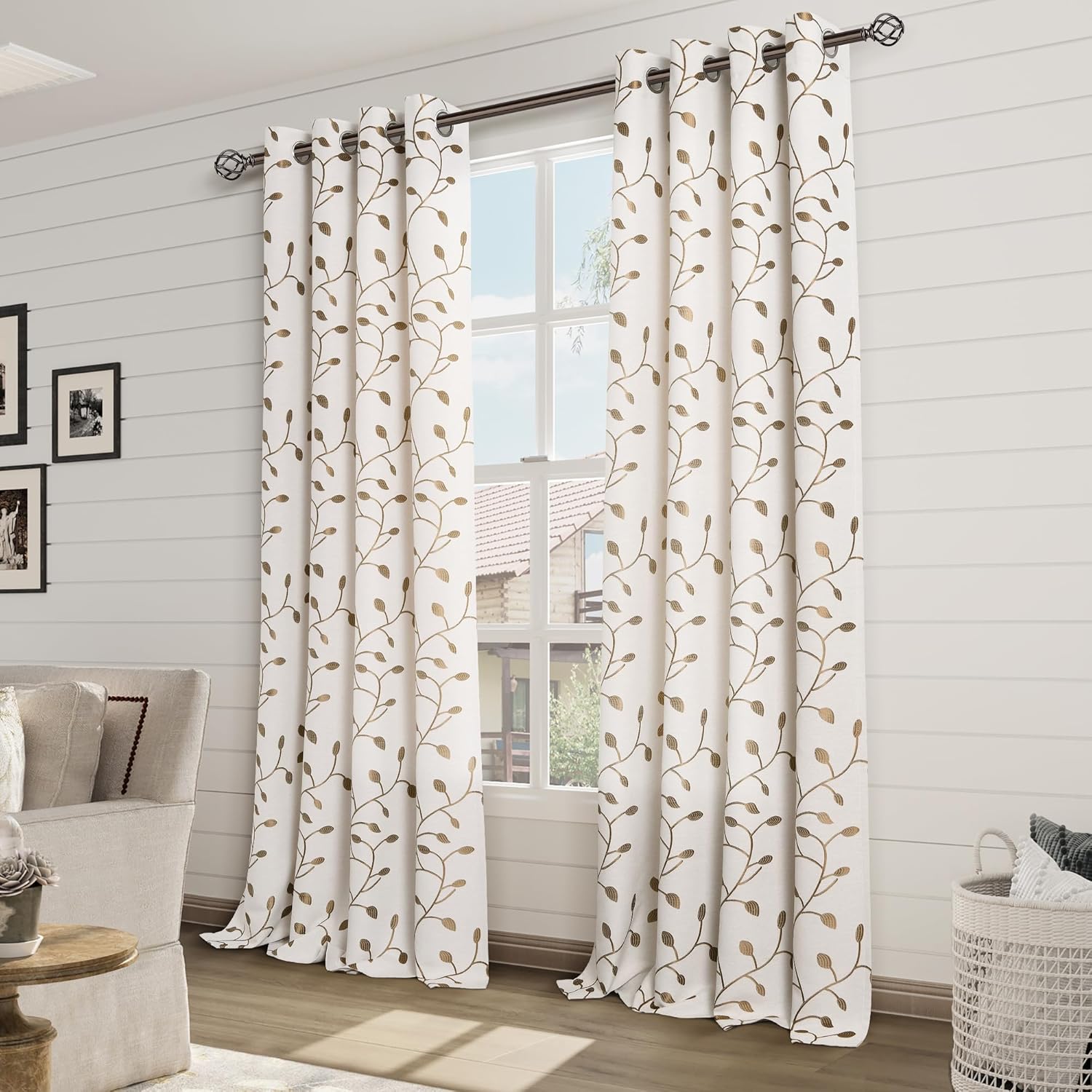 Cortinas bordadas de color blanco crema con patrón marrón de 96 pulgadas de largo para sala de estar, 2 paneles con ojales, filtrado de luz,