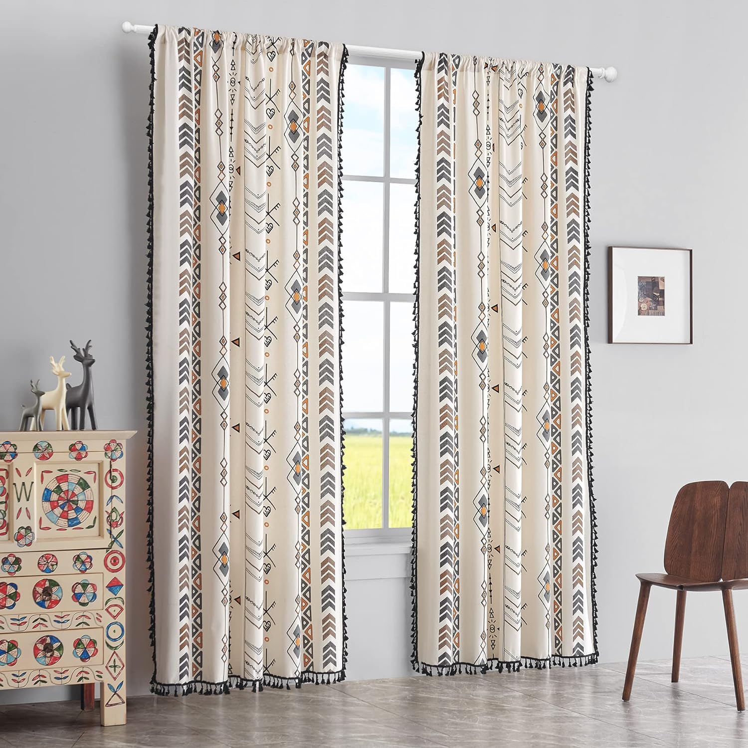 Coral Fish Cortinas bohemias geométricas para ventana de sala de estar, cortinas bohemias para dormitorio, con dobladillo para barra, borlas, de