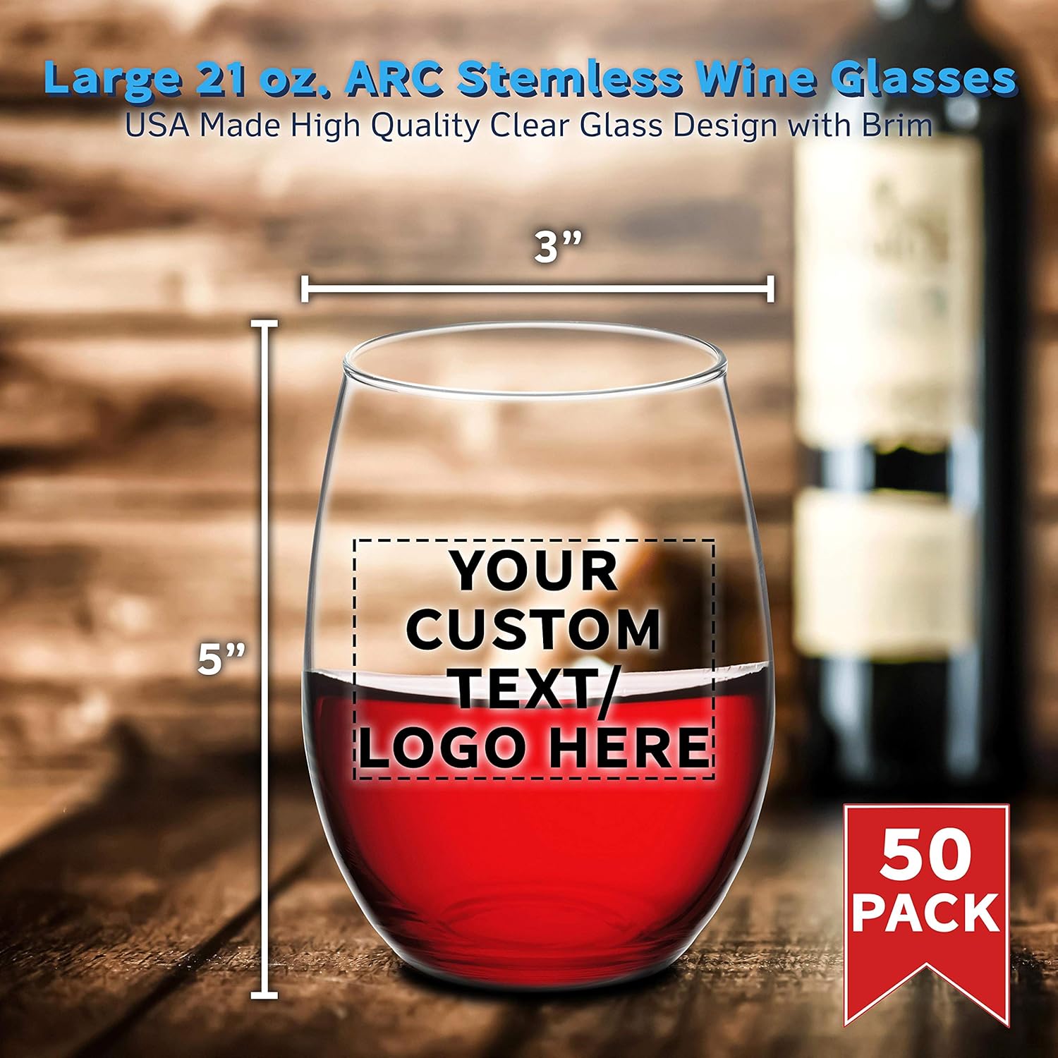 DISCOUNT PROMOS 50 ARC – Juego de copas de vino sin tallo, 21 onzas, texto personalizable, logotipo, Chardonnay, Cabernet, Merlot, Sauvignon,